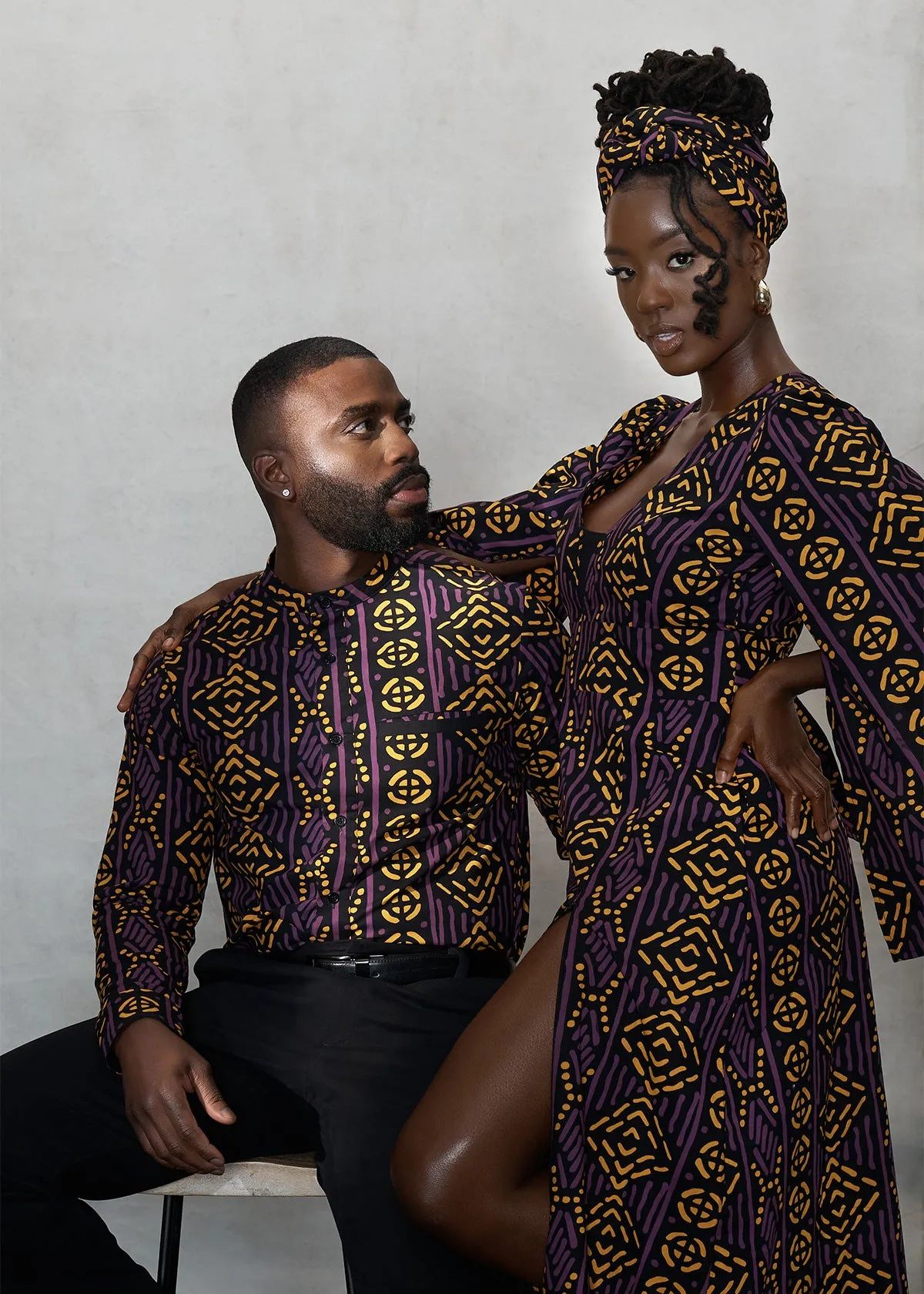 Jamal Men's African Print Mandarin Shirt (Gold Purple Mudcloth)