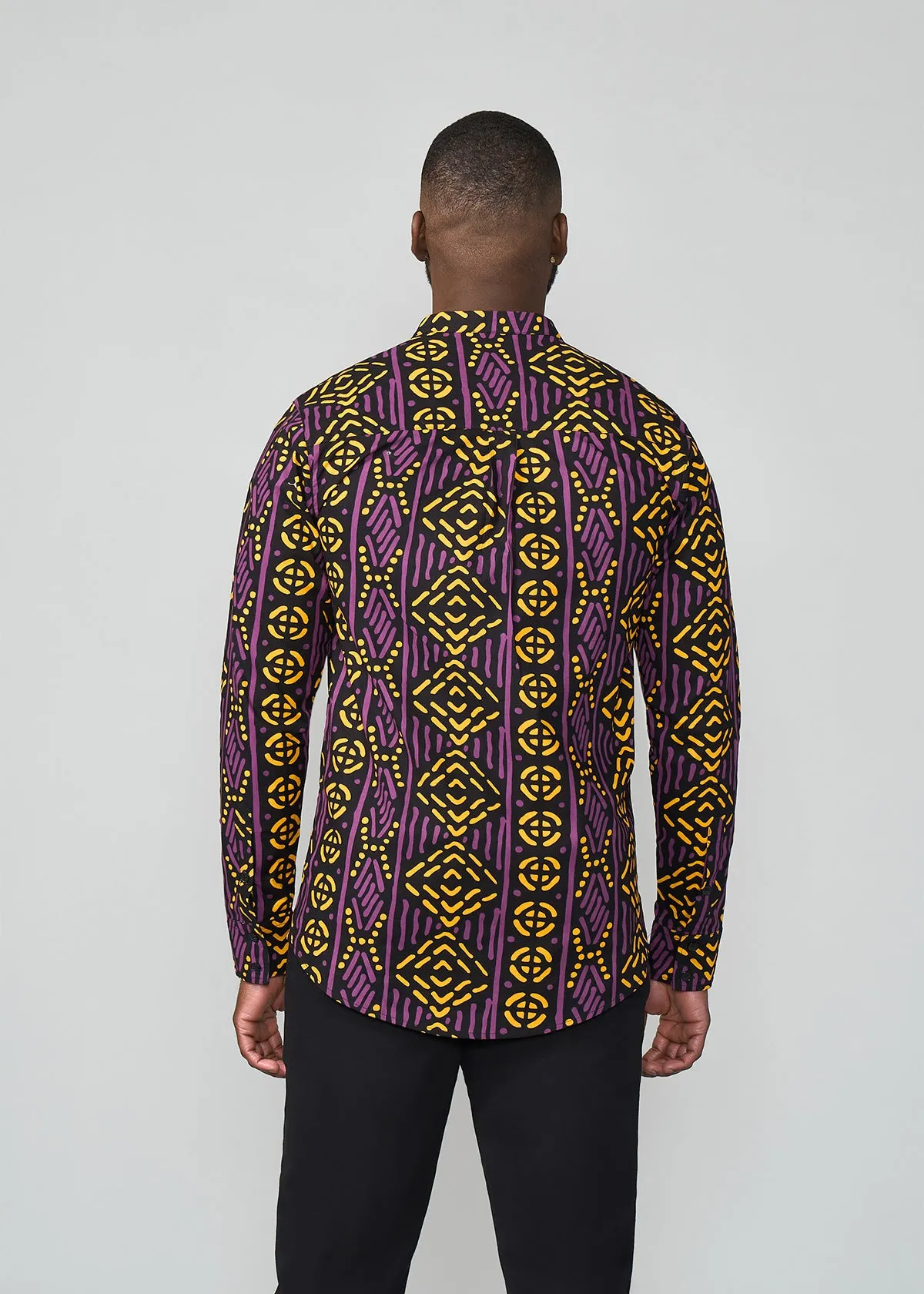 Jamal Men's African Print Mandarin Shirt (Gold Purple Mudcloth)