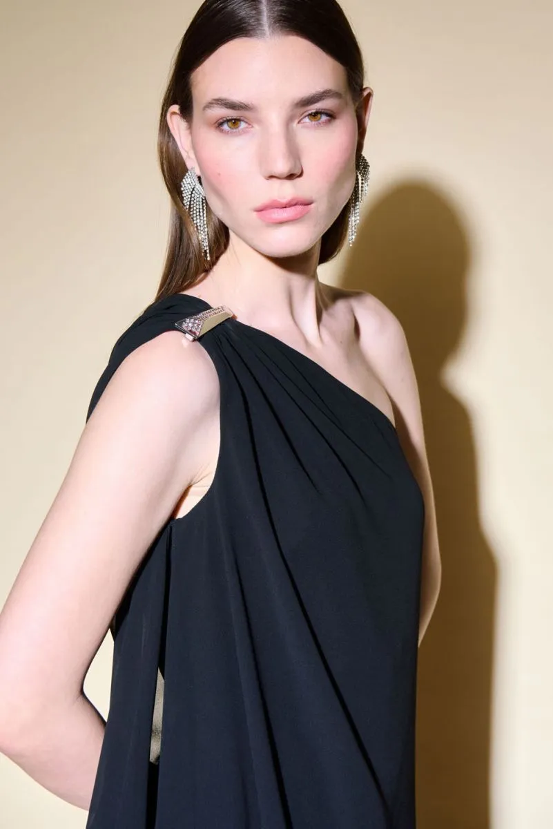 Joseph Ribkoff Black One-Shoulder Chiffon Overlay Wide-Leg Jumpsuit 234707