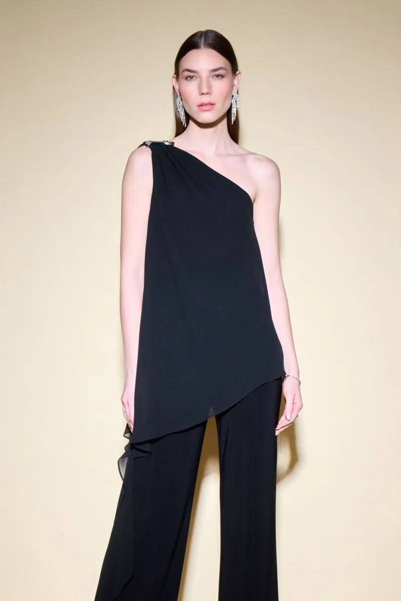Joseph Ribkoff Black One-Shoulder Chiffon Overlay Wide-Leg Jumpsuit 234707