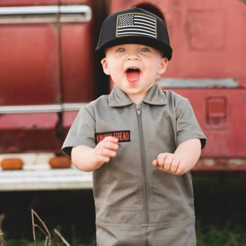 Knuckleheads Kids Dark Olive Coverall for Boys, Mechanic Halloween Jumpsuit Costume Baby Outfit