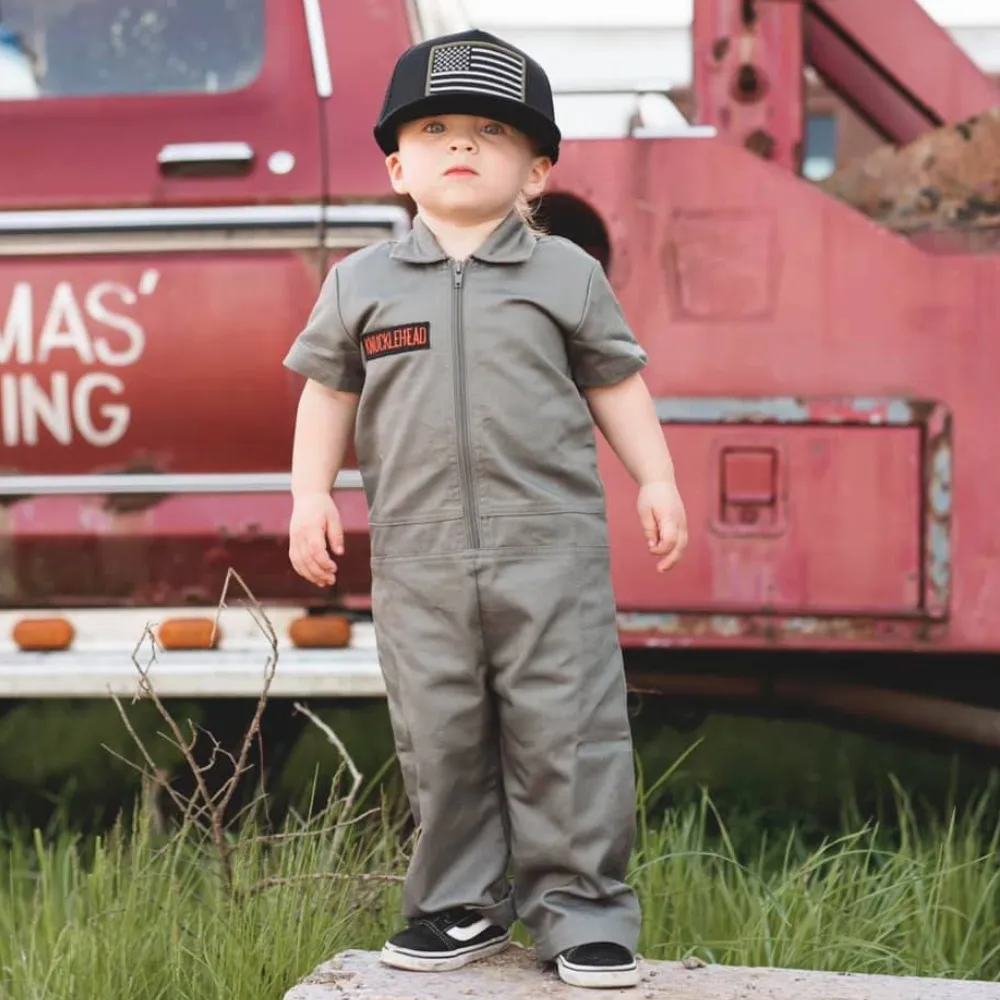 Knuckleheads Kids Dark Olive Coverall for Boys, Mechanic Halloween Jumpsuit Costume Baby Outfit