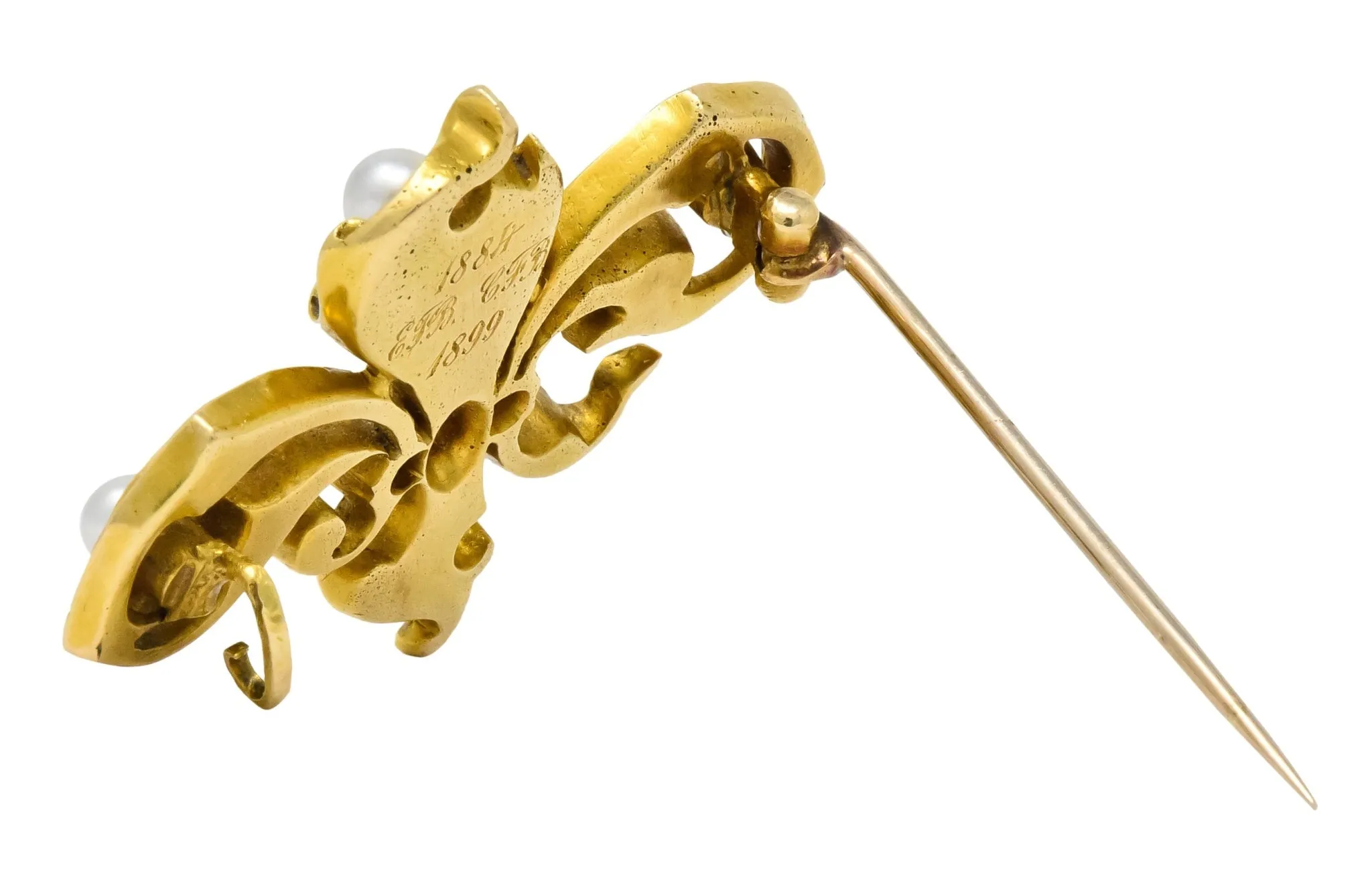 Late Victorian French Fleur-de-lis Diamond Pearl 18 Karat Gold Brooch
