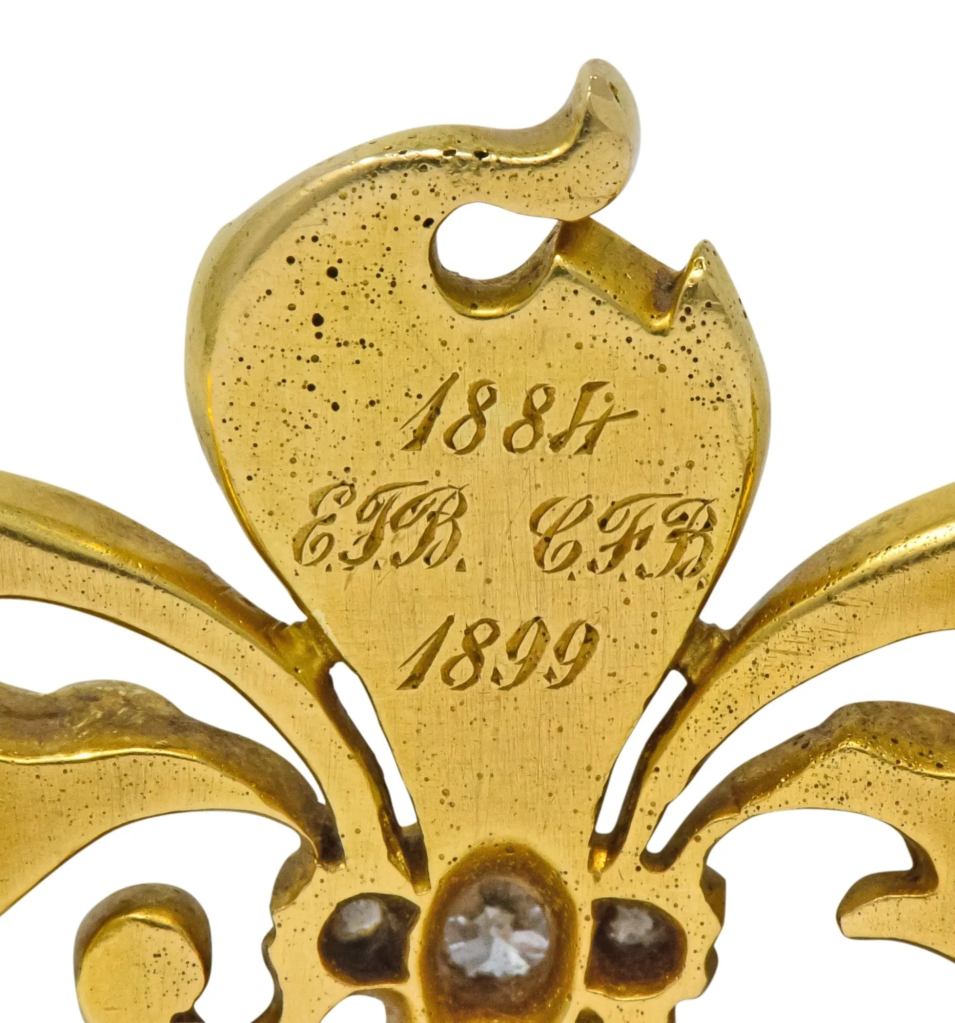Late Victorian French Fleur-de-lis Diamond Pearl 18 Karat Gold Brooch
