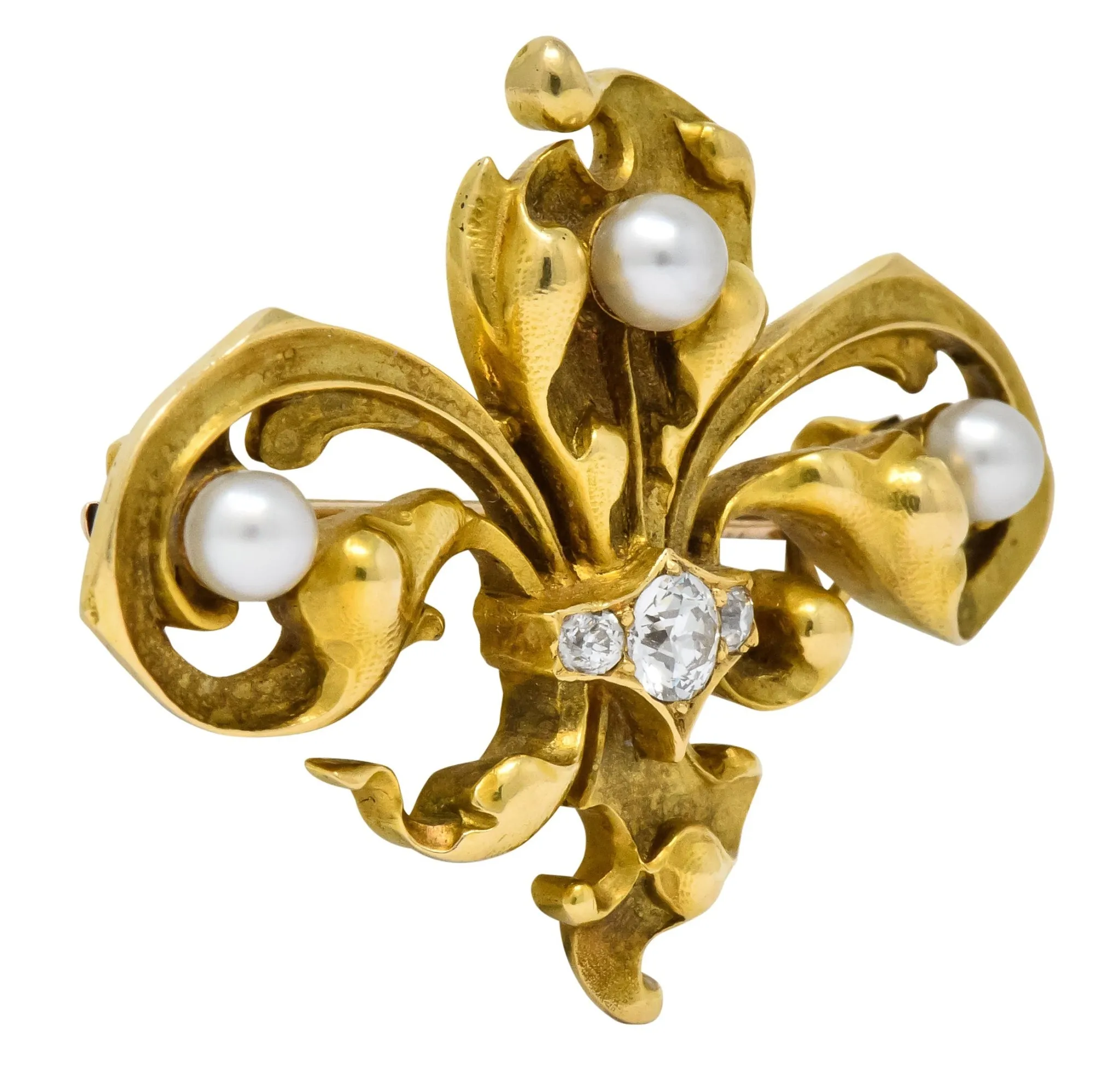 Late Victorian French Fleur-de-lis Diamond Pearl 18 Karat Gold Brooch