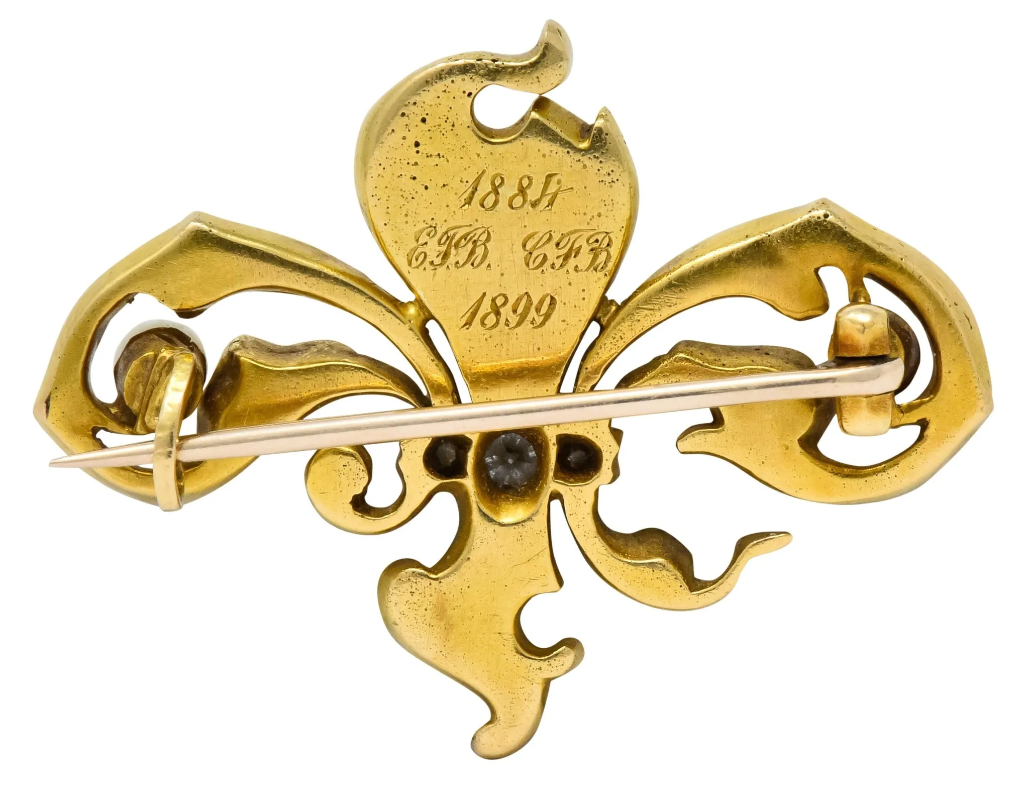 Late Victorian French Fleur-de-lis Diamond Pearl 18 Karat Gold Brooch