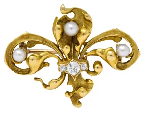 Late Victorian French Fleur-de-lis Diamond Pearl 18 Karat Gold Brooch