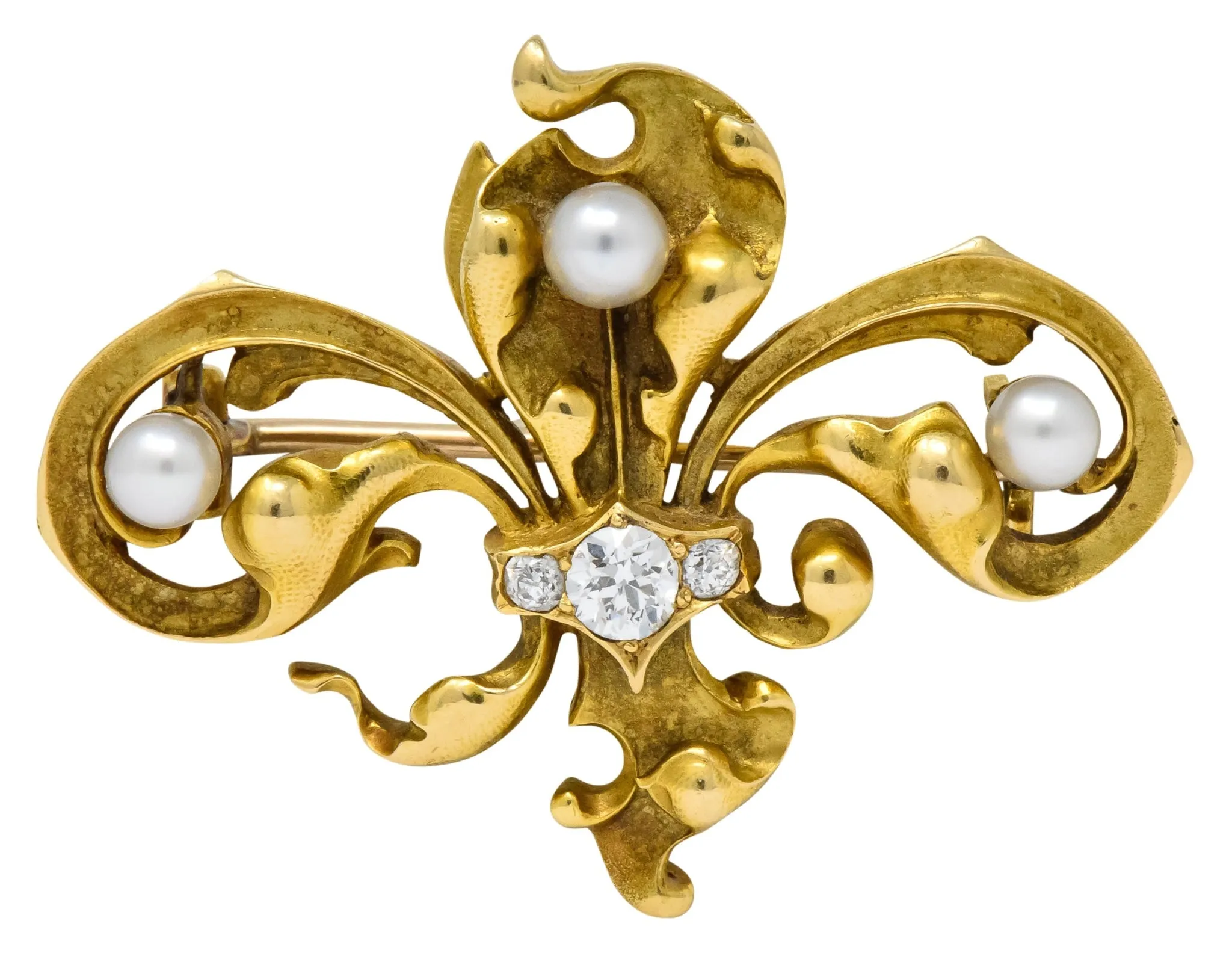Late Victorian French Fleur-de-lis Diamond Pearl 18 Karat Gold Brooch