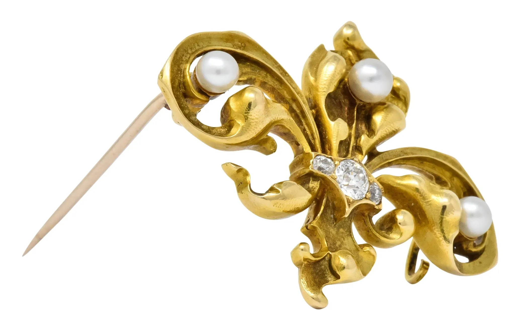 Late Victorian French Fleur-de-lis Diamond Pearl 18 Karat Gold Brooch
