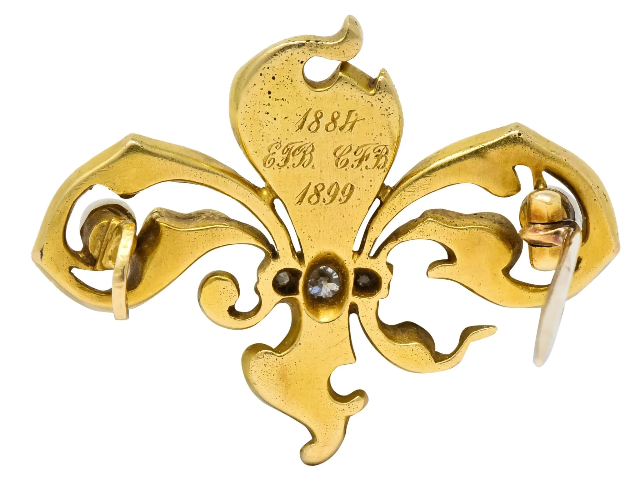 Late Victorian French Fleur-de-lis Diamond Pearl 18 Karat Gold Brooch