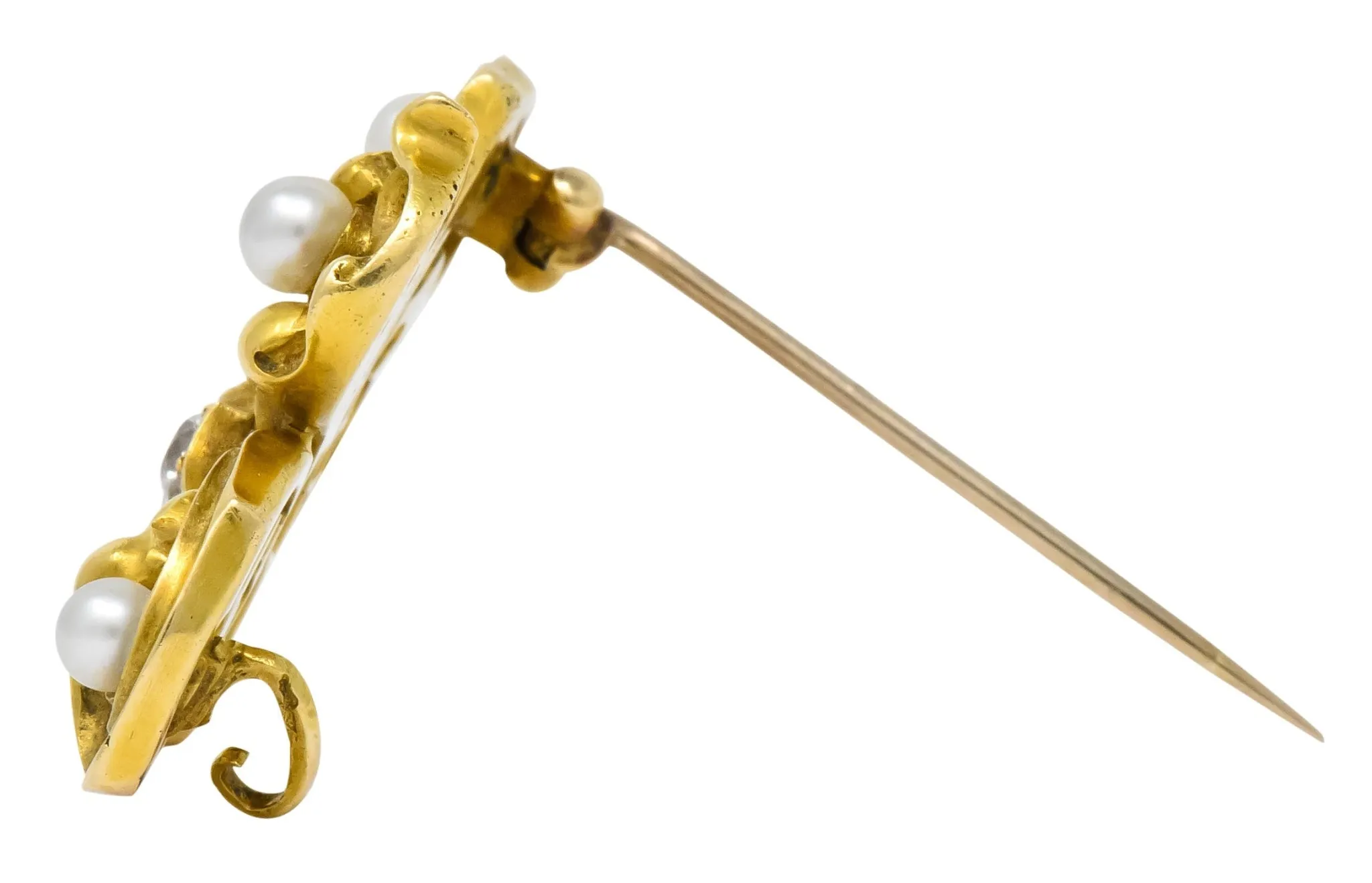 Late Victorian French Fleur-de-lis Diamond Pearl 18 Karat Gold Brooch