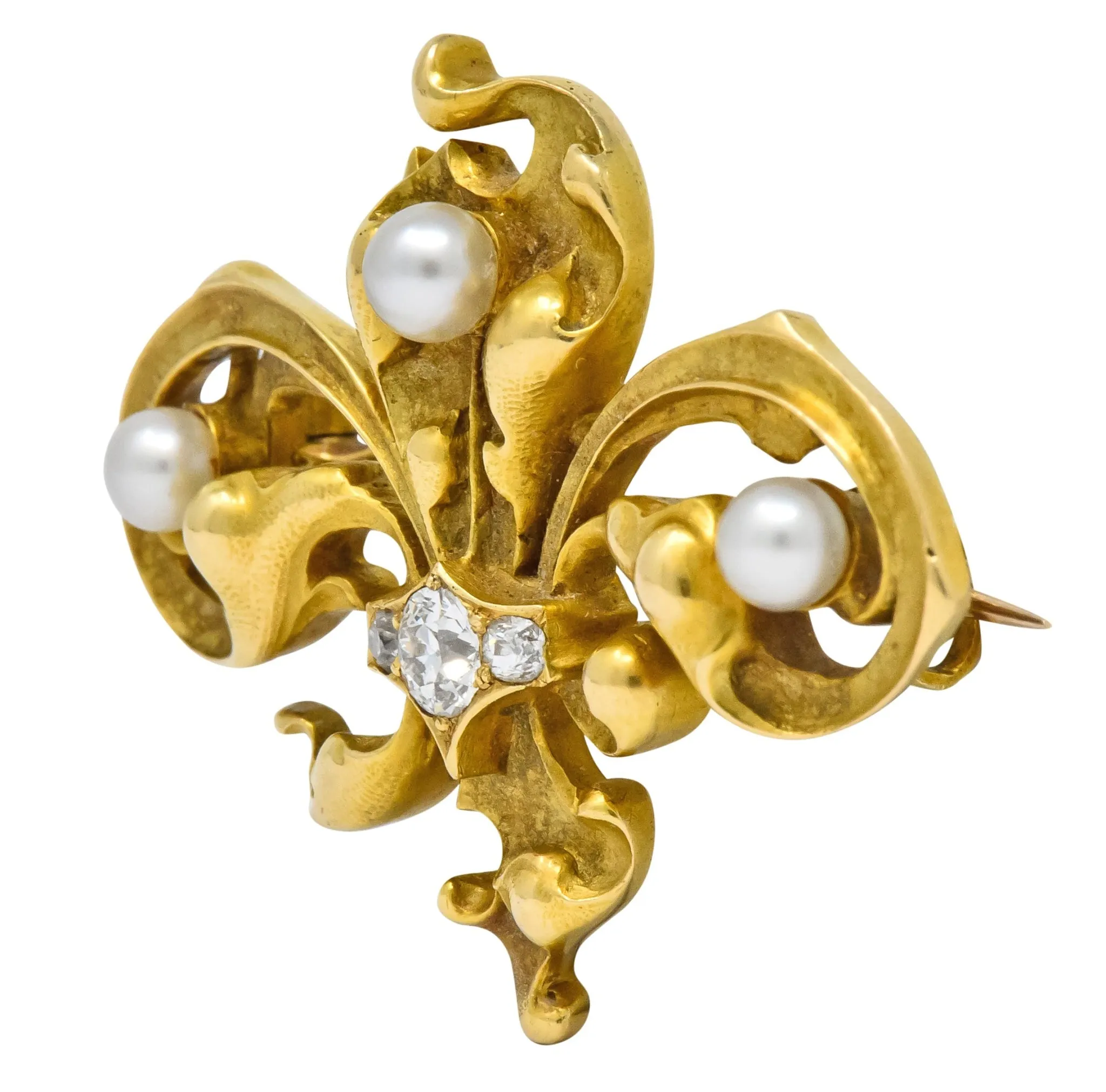 Late Victorian French Fleur-de-lis Diamond Pearl 18 Karat Gold Brooch