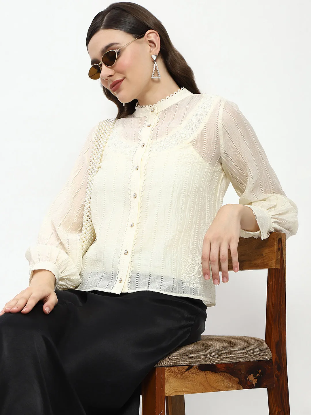 Madame Bridgerton Embroidered Lacework Beige Tencel Shirt