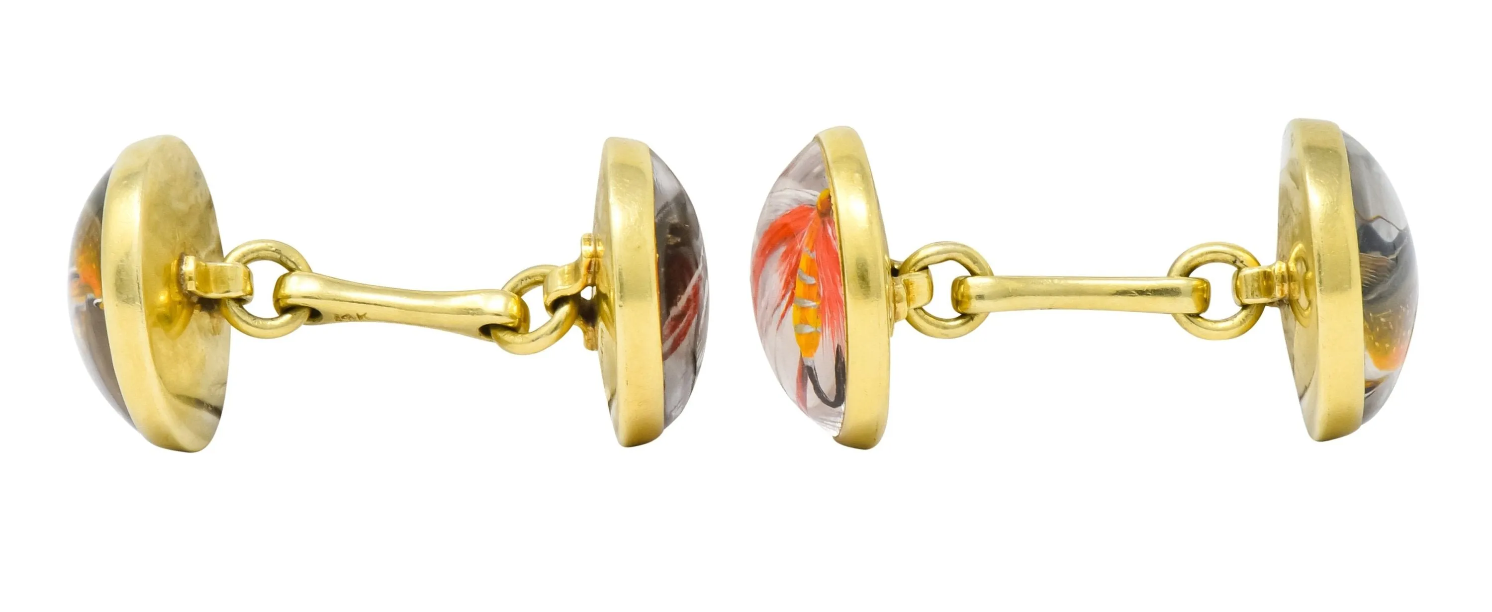 Marcus & Co. Victorian Painted Carved Rock Crystal 14 Karat Gold Men's Fishing Cufflinks