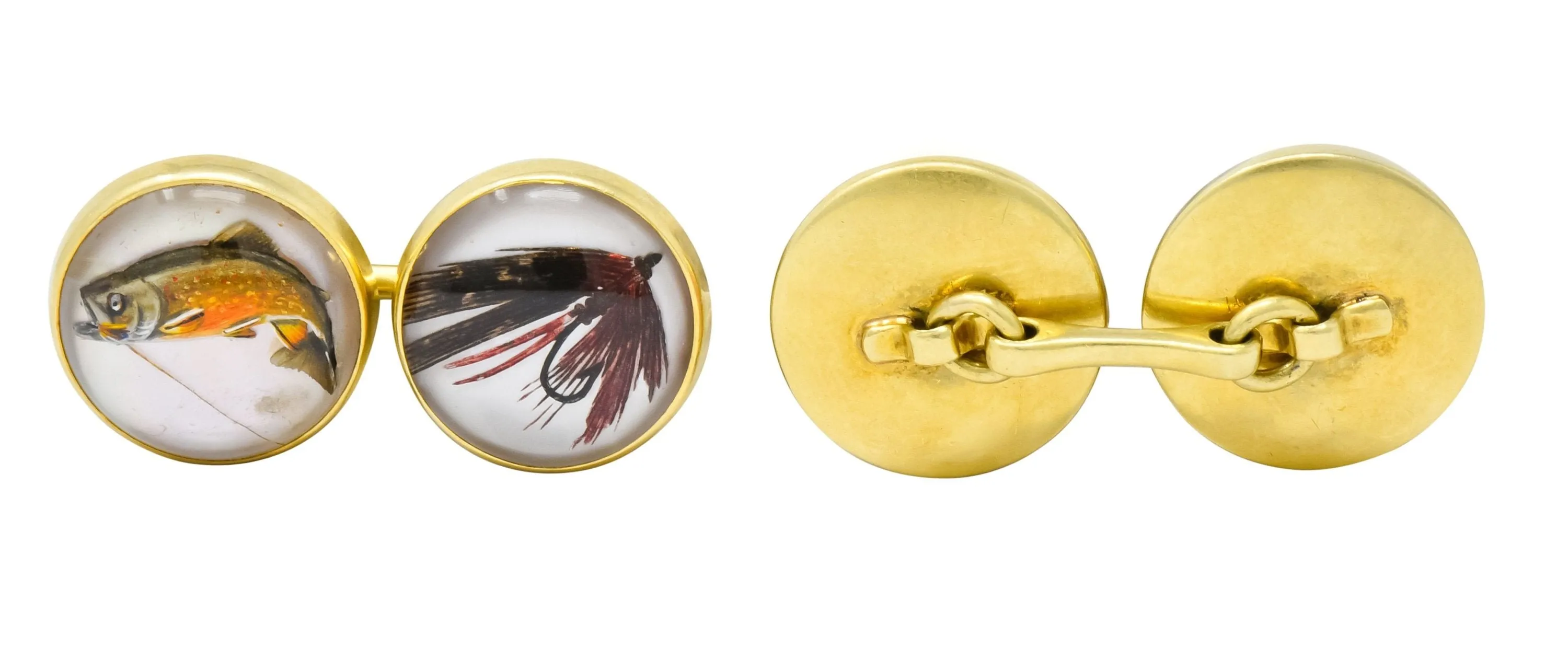Marcus & Co. Victorian Painted Carved Rock Crystal 14 Karat Gold Men's Fishing Cufflinks