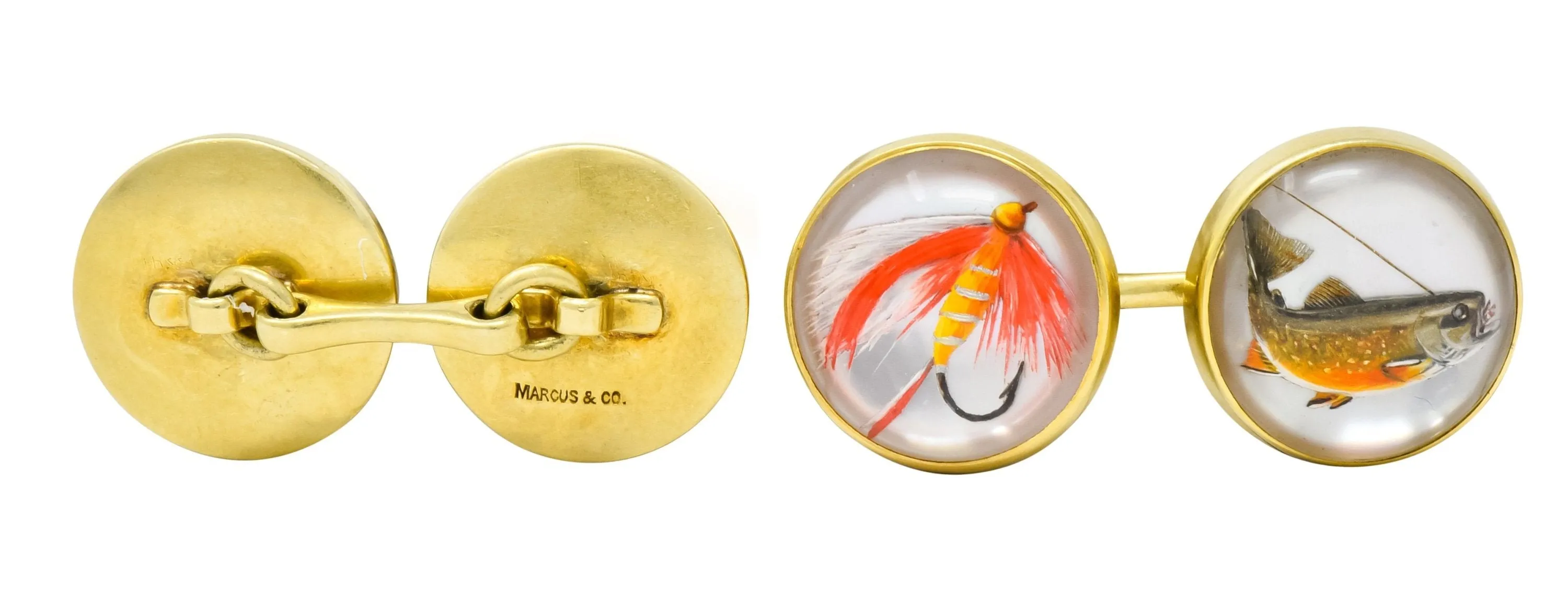 Marcus & Co. Victorian Painted Carved Rock Crystal 14 Karat Gold Men's Fishing Cufflinks