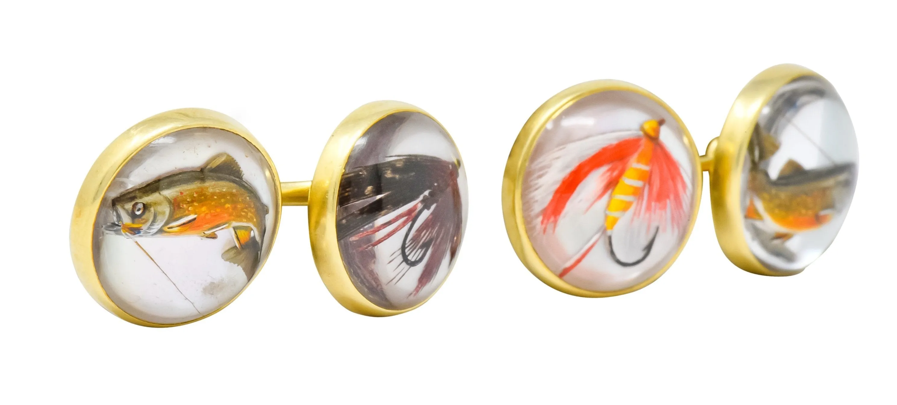 Marcus & Co. Victorian Painted Carved Rock Crystal 14 Karat Gold Men's Fishing Cufflinks