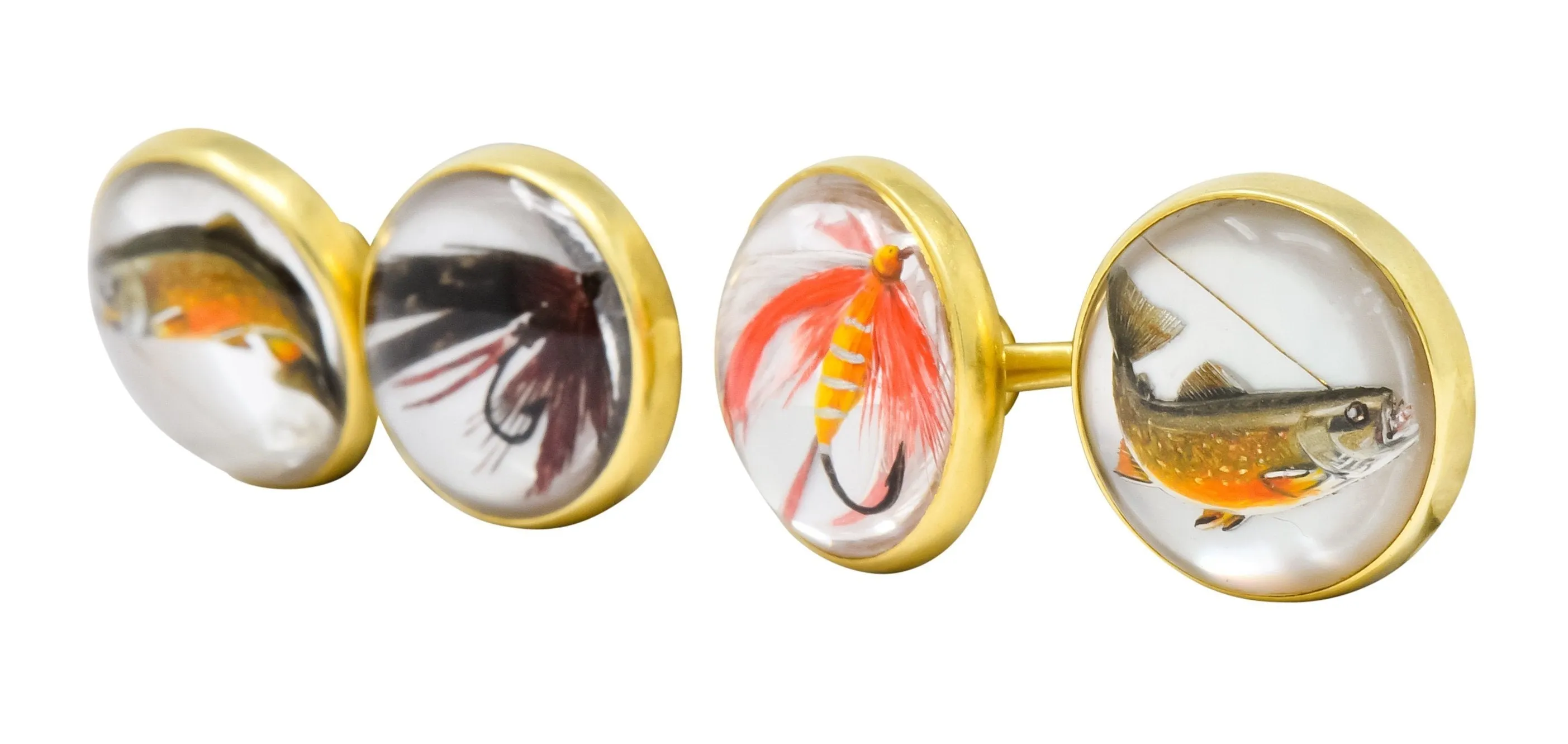 Marcus & Co. Victorian Painted Carved Rock Crystal 14 Karat Gold Men's Fishing Cufflinks