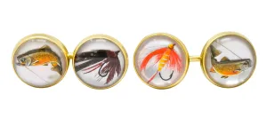 Marcus & Co. Victorian Painted Carved Rock Crystal 14 Karat Gold Men's Fishing Cufflinks