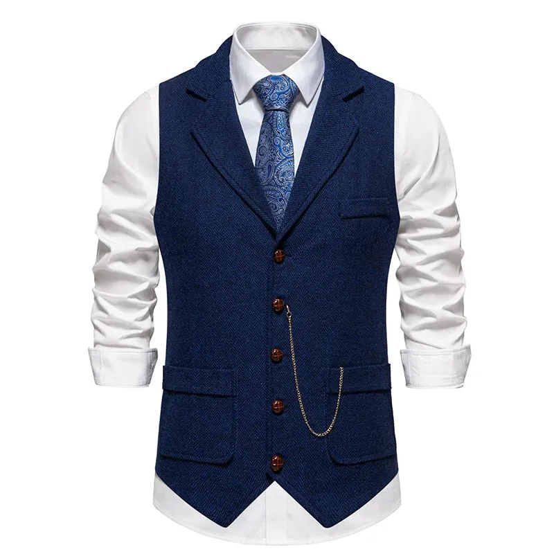 Men's Retro Lapel Chain Vest Fashion Herringbone Coarse Tweed Pockets Suit Vest British Casual Vintage Gentleman Leisure Party