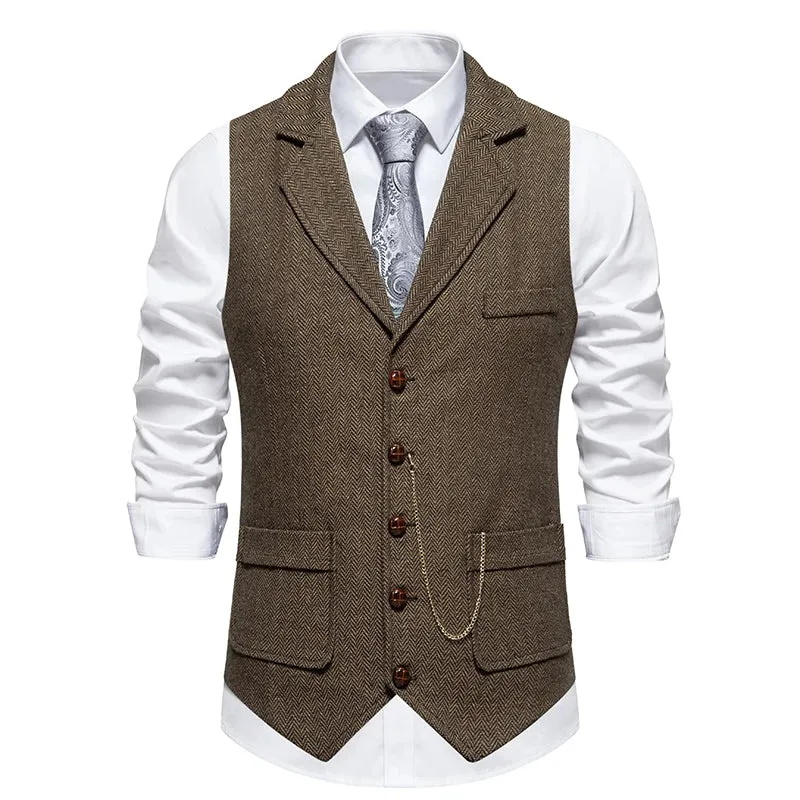 Men's Retro Lapel Chain Vest Fashion Herringbone Coarse Tweed Pockets Suit Vest British Casual Vintage Gentleman Leisure Party