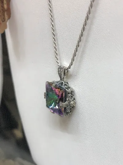 Mystic Topaz Pendant, Sterling Silver Filigree Necklace, Victorian Jewelry #P77