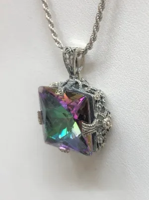 Mystic Topaz Pendant, Sterling Silver Filigree Necklace, Victorian Jewelry #P77