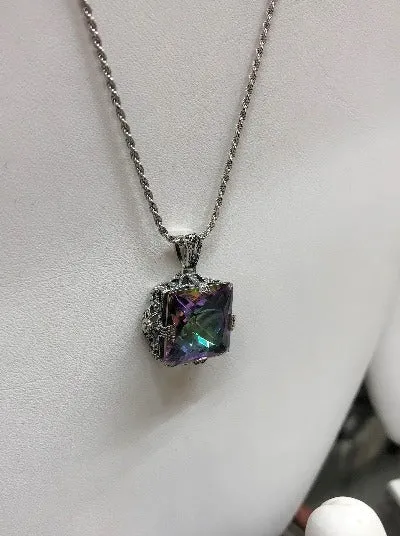Mystic Topaz Pendant, Sterling Silver Filigree Necklace, Victorian Jewelry #P77