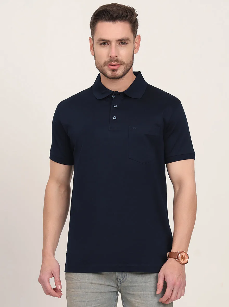 Navy Blue Solid Regular Fit Polo T-Shirt | JadeBlue