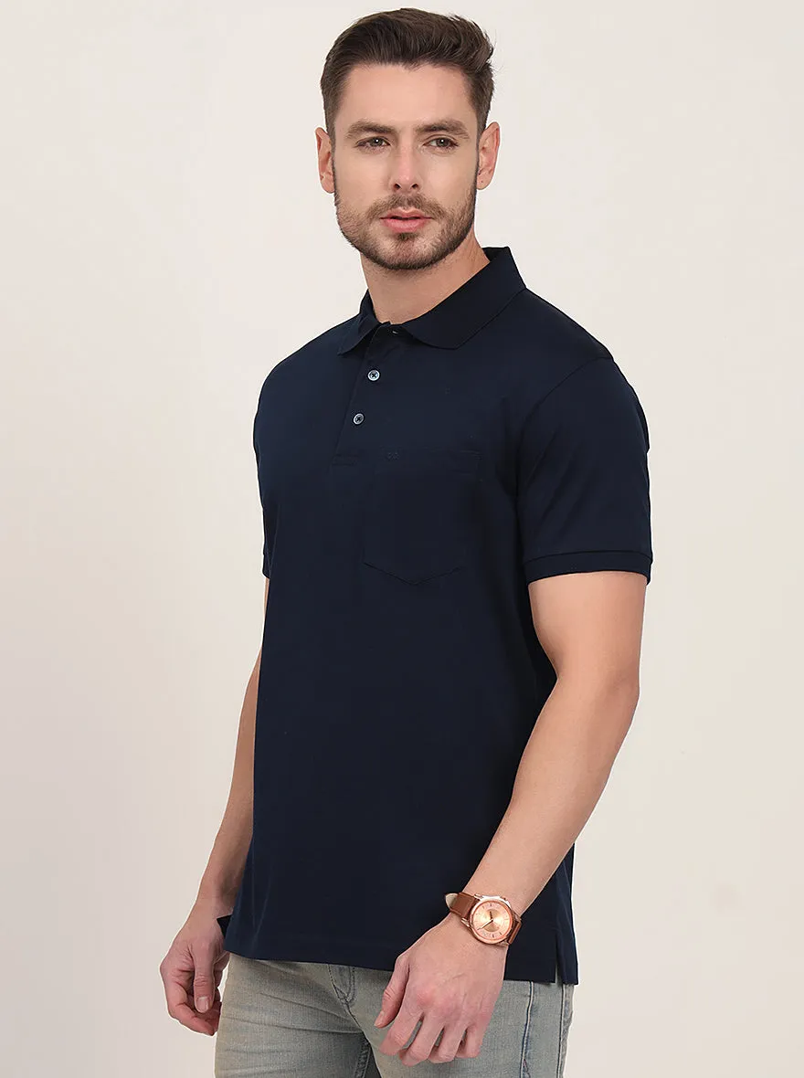 Navy Blue Solid Regular Fit Polo T-Shirt | JadeBlue