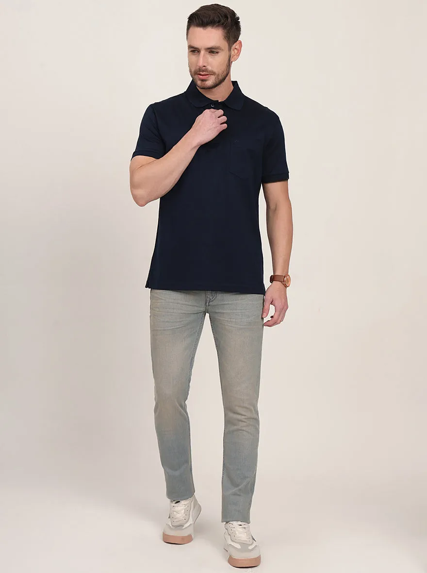 Navy Blue Solid Regular Fit Polo T-Shirt | JadeBlue