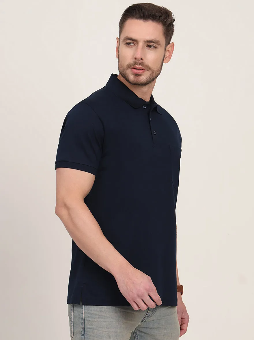 Navy Blue Solid Regular Fit Polo T-Shirt | JadeBlue