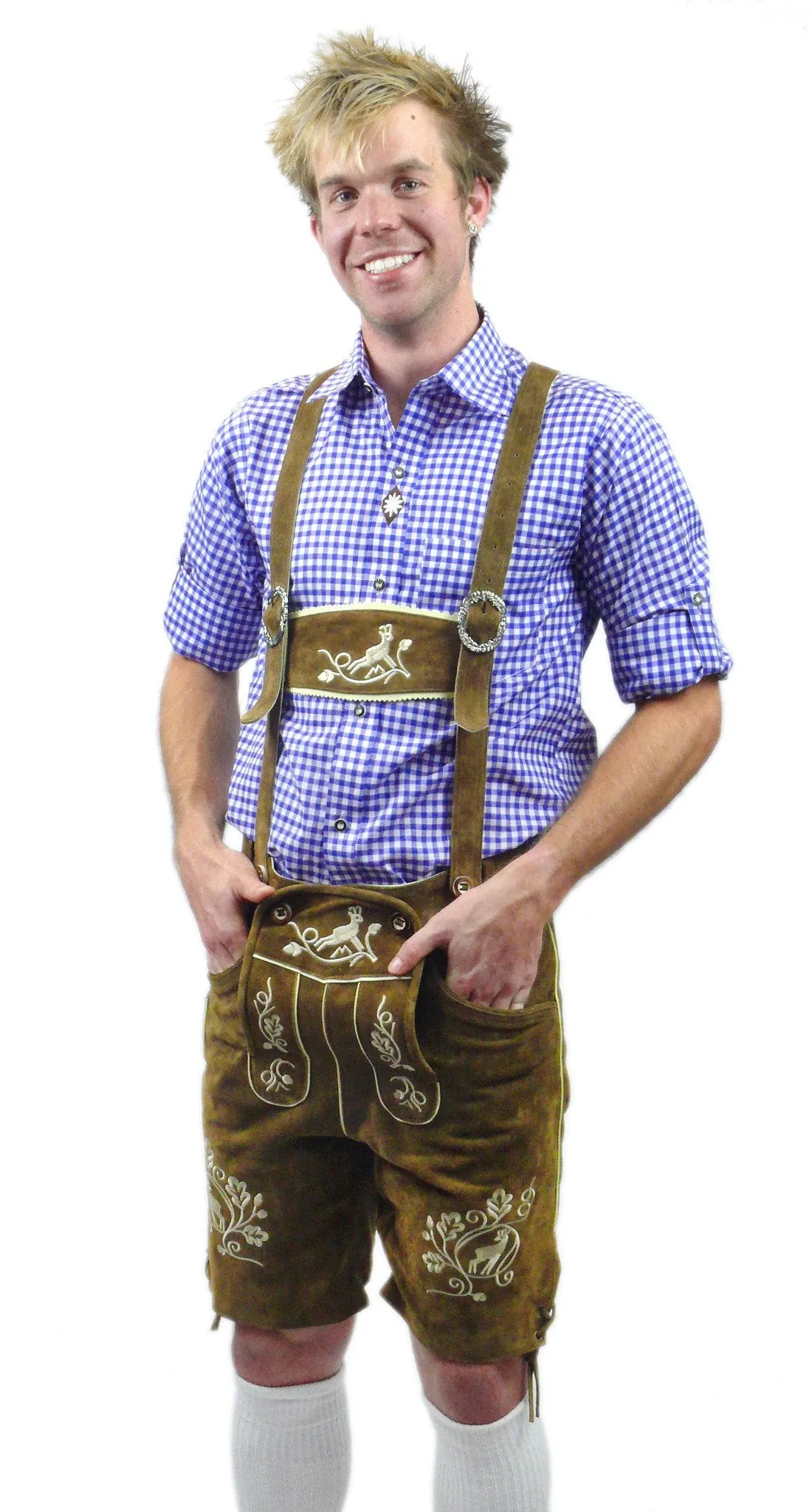 Oktoberfest Traditional Authentic Lederhosen and Blue Shirt