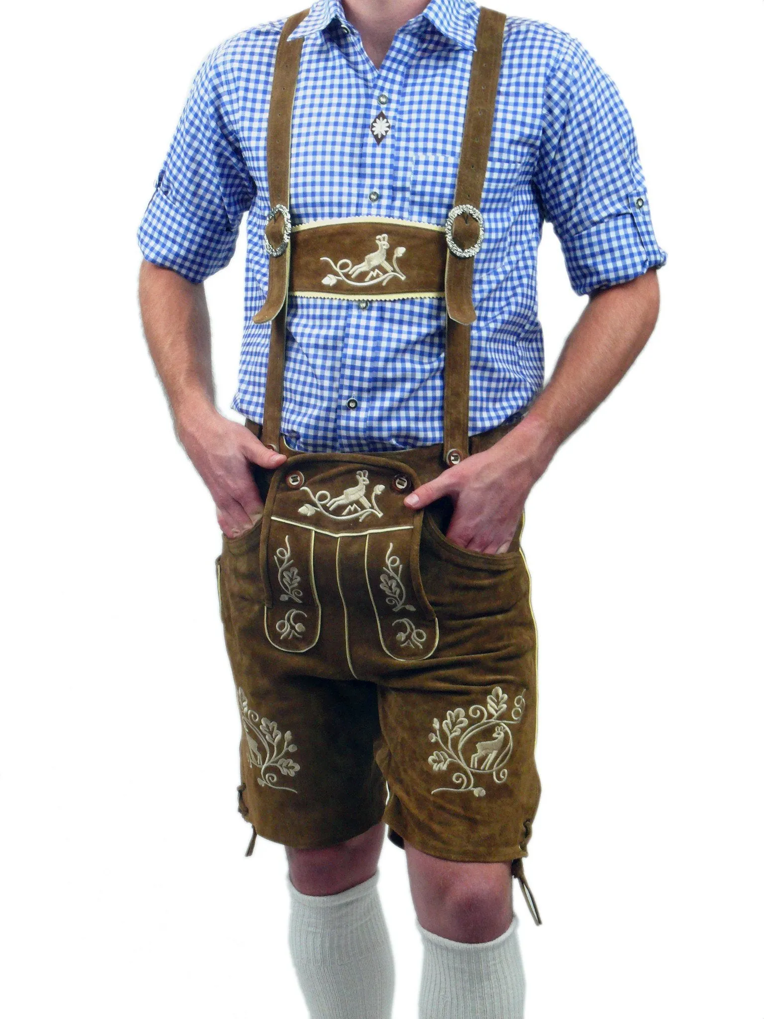 Oktoberfest Traditional Authentic Lederhosen and Blue Shirt