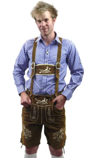 Oktoberfest Traditional Authentic Lederhosen and Blue Shirt
