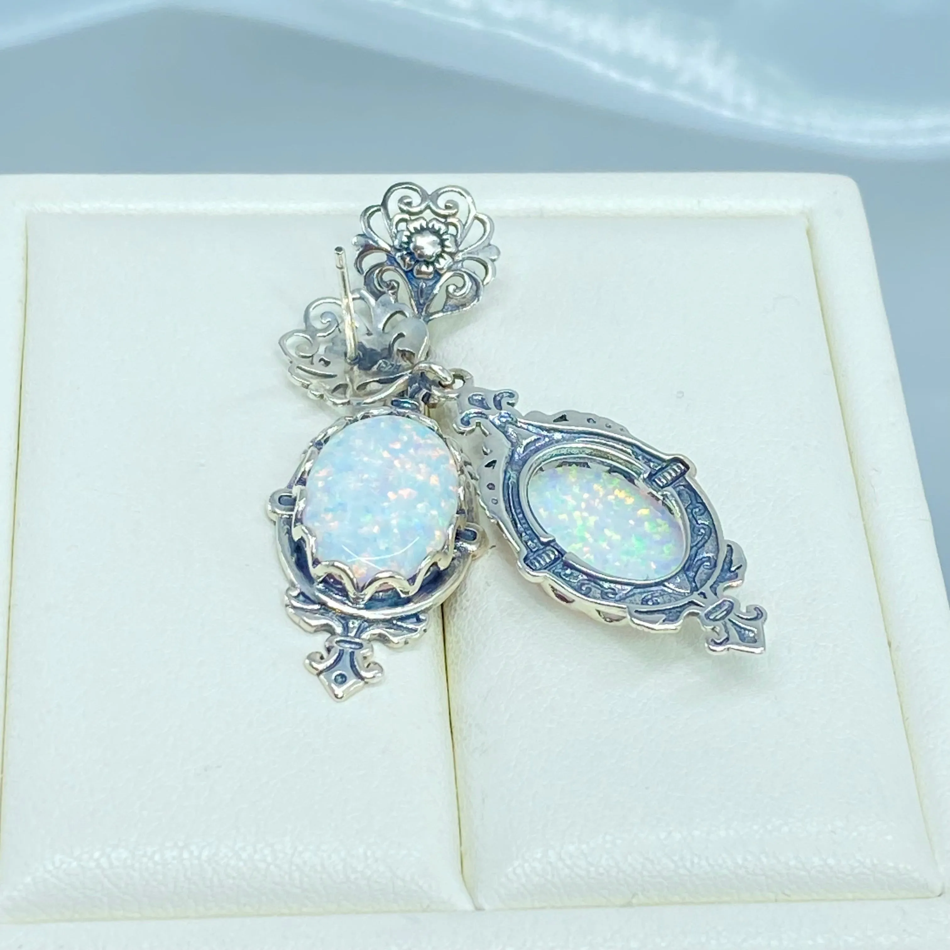 Opal Pin Jewelry Set, Stylish Victorian Sterling Silver Filigree Earrings with Optional Necklace #E18, S18