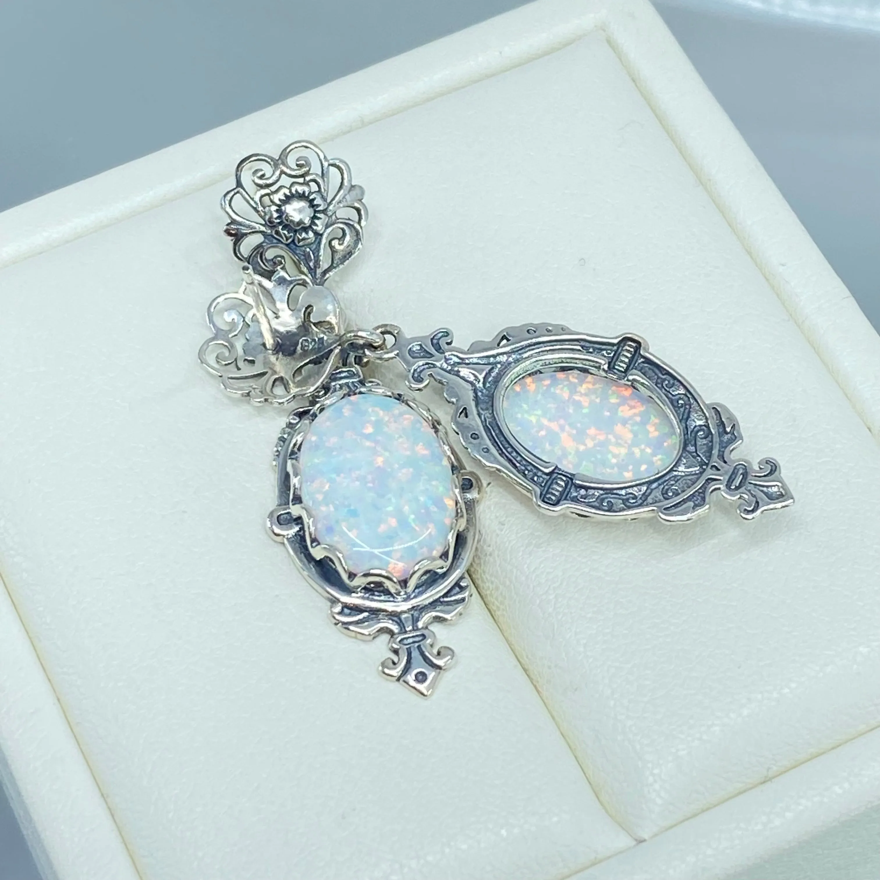 Opal Pin Jewelry Set, Stylish Victorian Sterling Silver Filigree Earrings with Optional Necklace #E18, S18