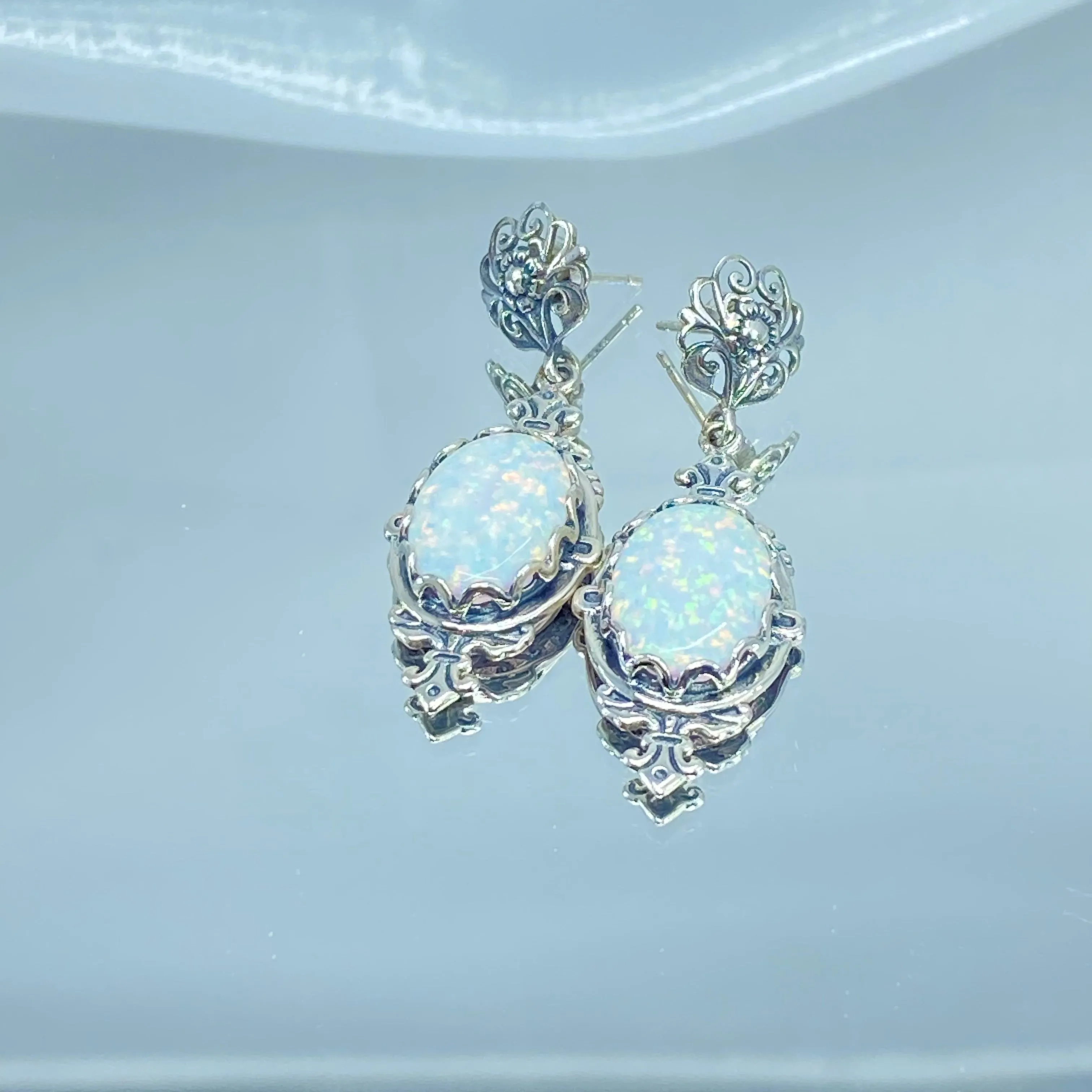 Opal Pin Jewelry Set, Stylish Victorian Sterling Silver Filigree Earrings with Optional Necklace #E18, S18