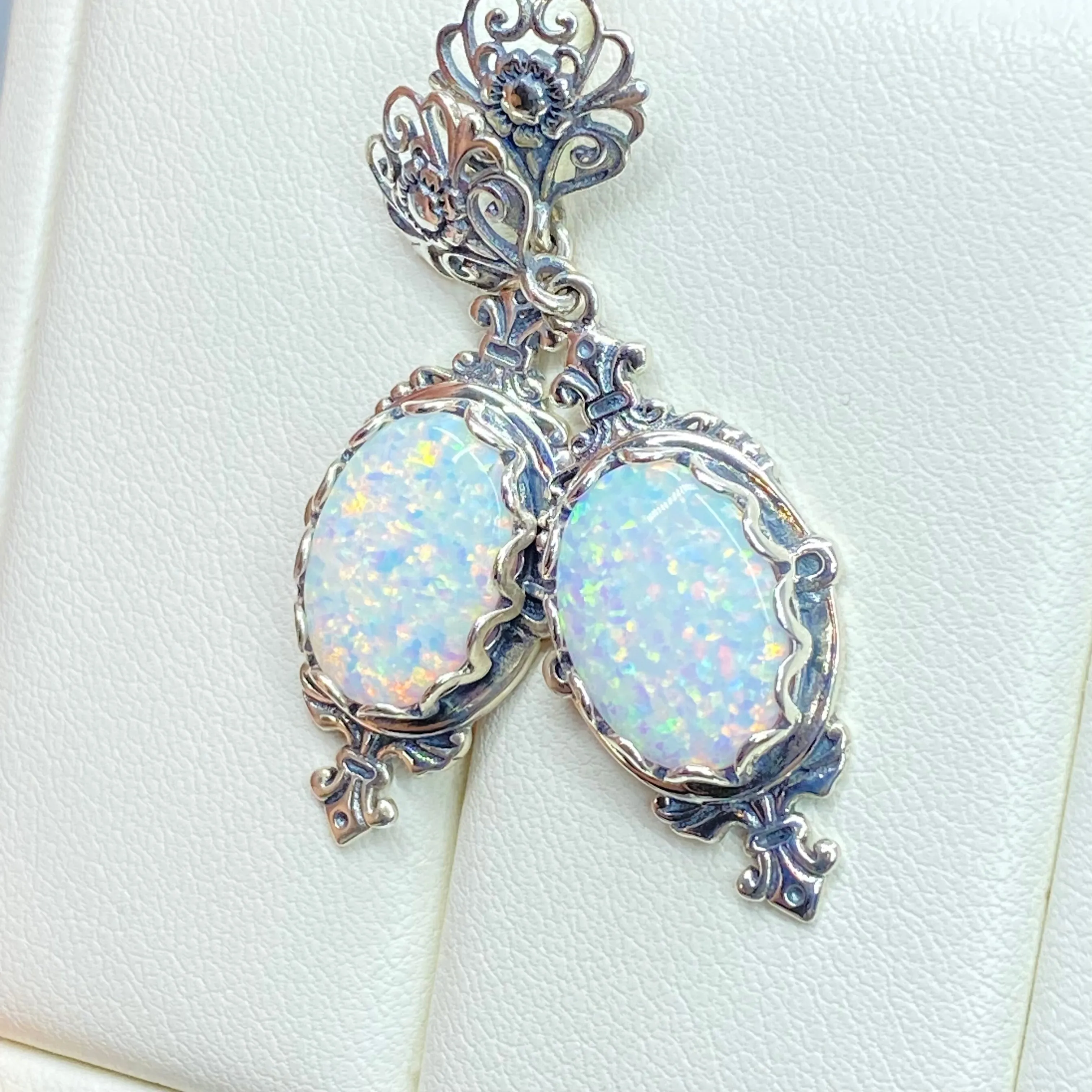 Opal Pin Jewelry Set, Stylish Victorian Sterling Silver Filigree Earrings with Optional Necklace #E18, S18