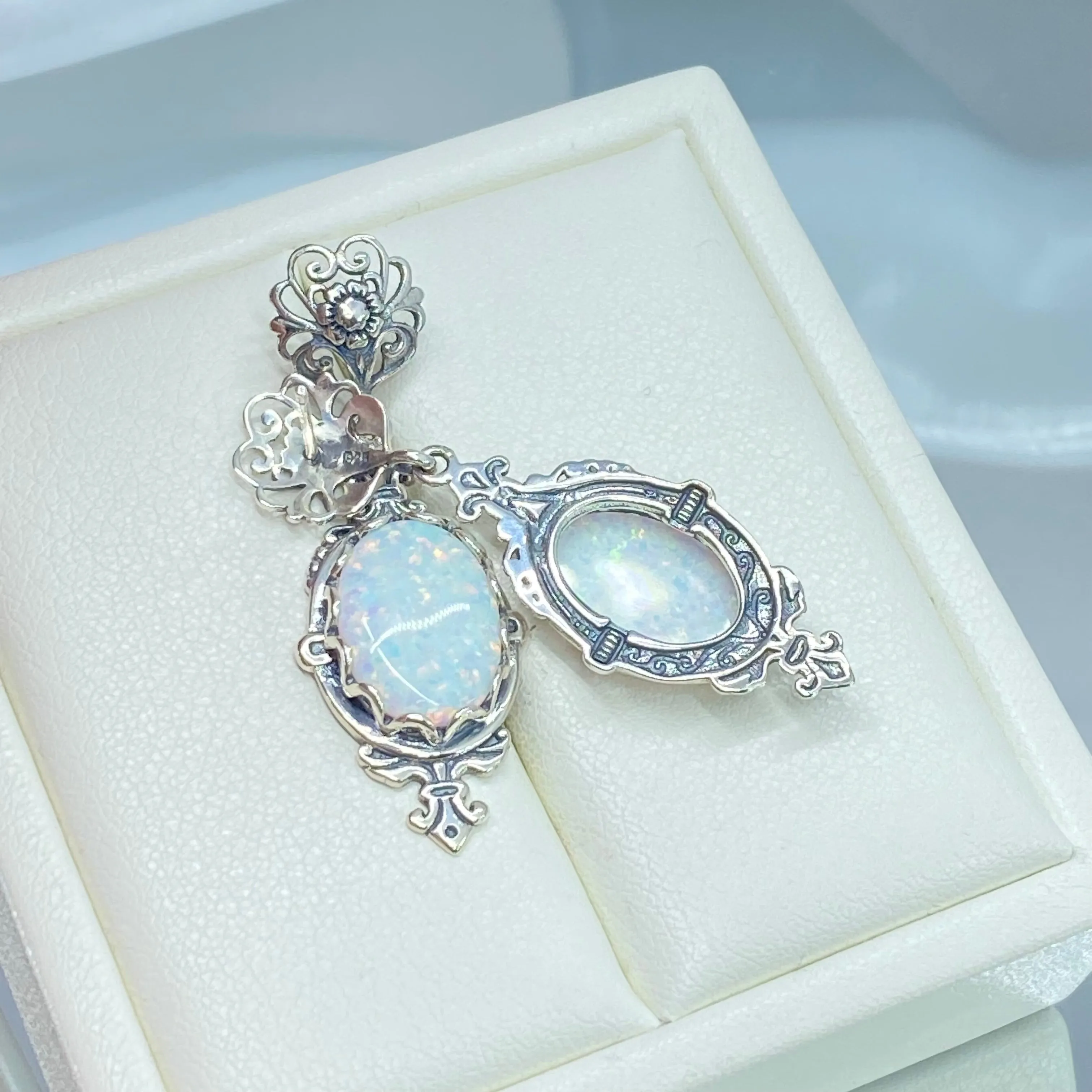 Opal Pin Jewelry Set, Stylish Victorian Sterling Silver Filigree Earrings with Optional Necklace #E18, S18