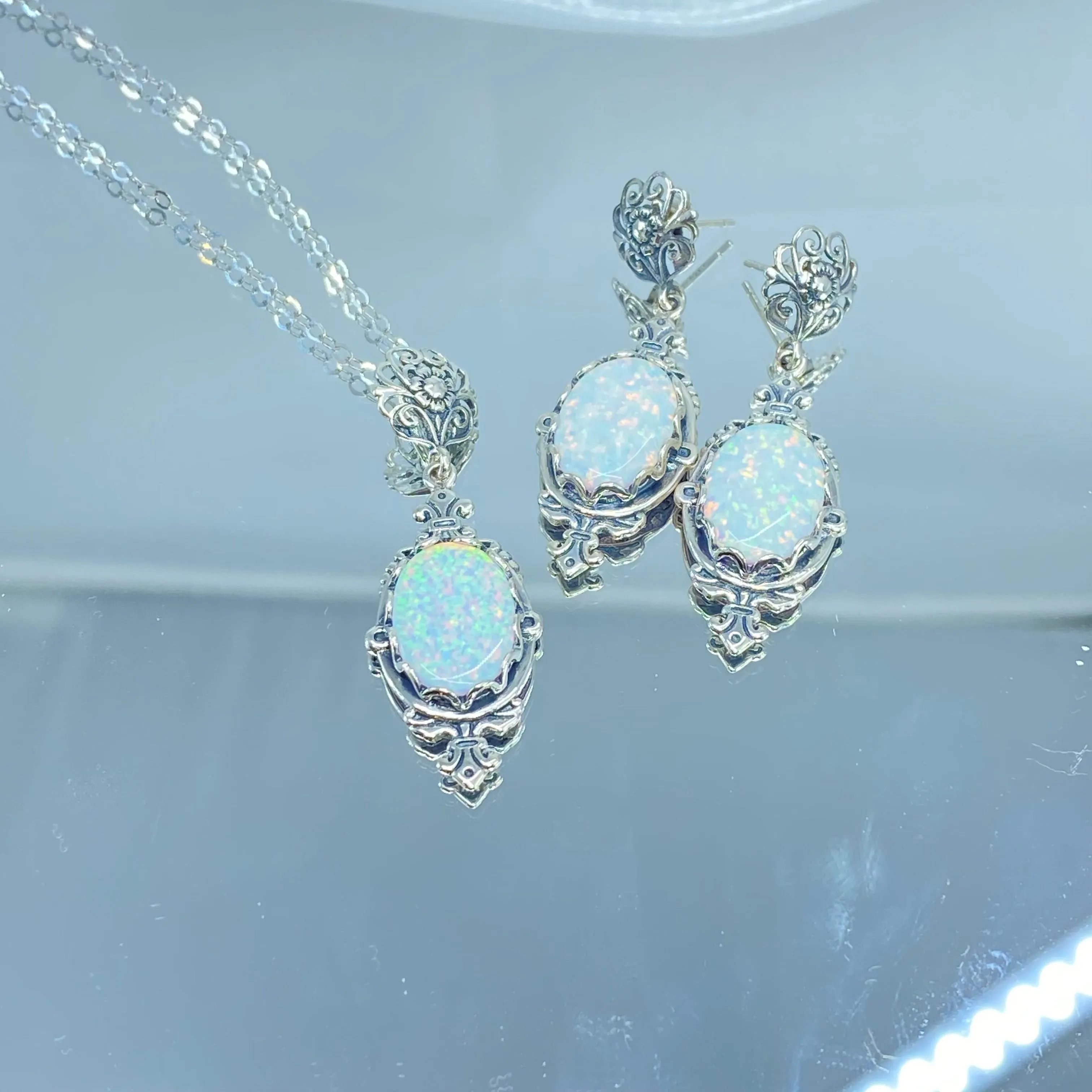 Opal Pin Jewelry Set, Stylish Victorian Sterling Silver Filigree Earrings with Optional Necklace #E18, S18