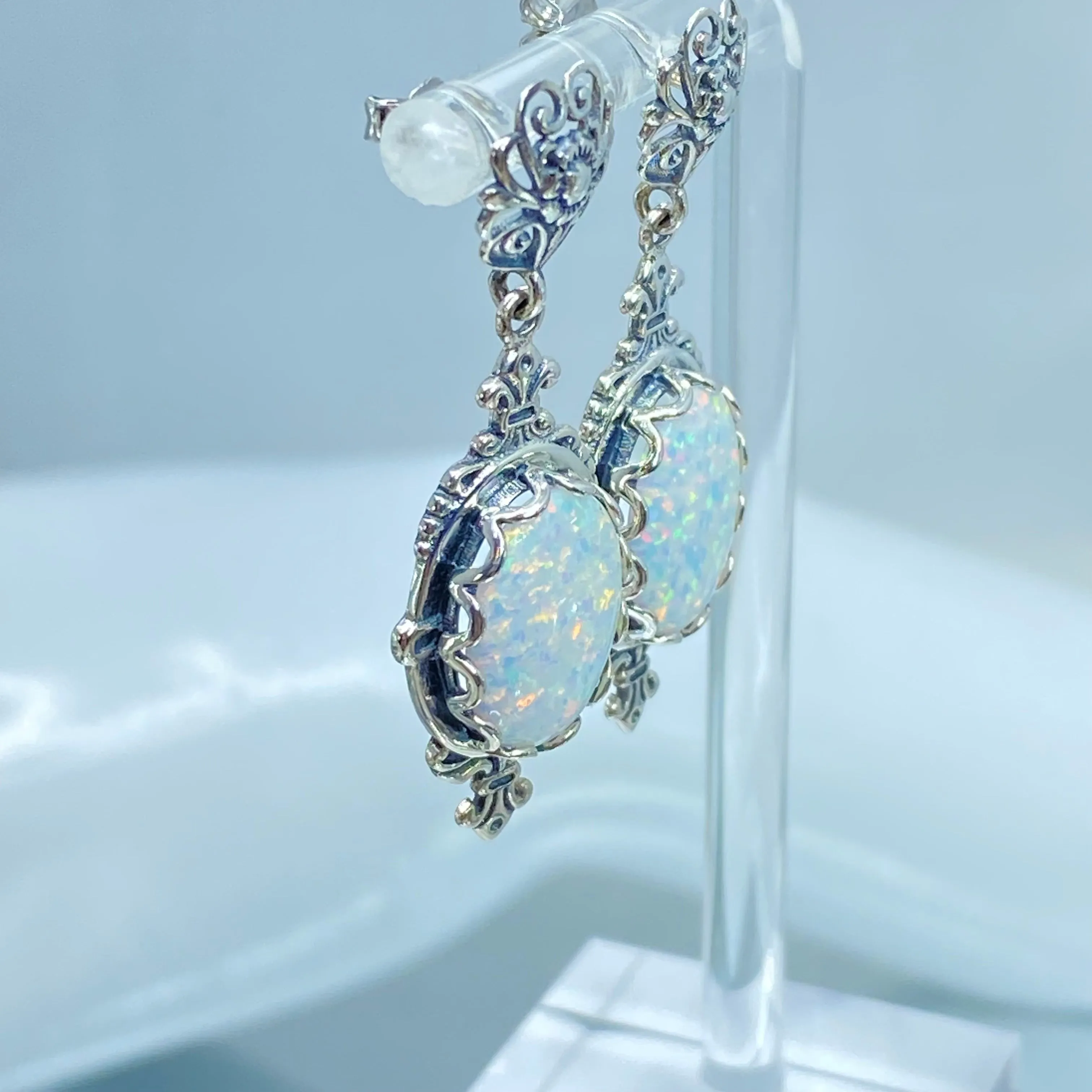 Opal Pin Jewelry Set, Stylish Victorian Sterling Silver Filigree Earrings with Optional Necklace #E18, S18