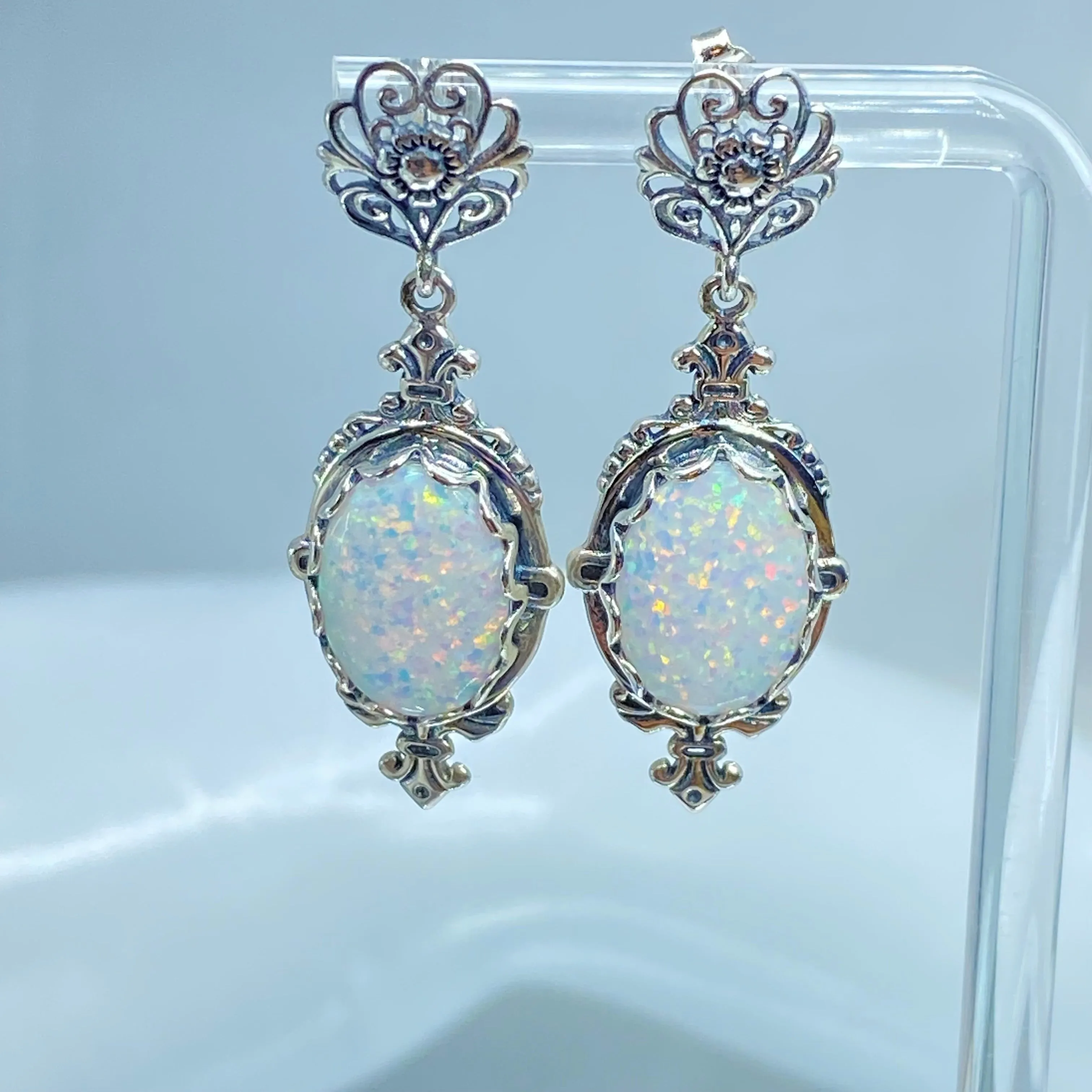 Opal Pin Jewelry Set, Stylish Victorian Sterling Silver Filigree Earrings with Optional Necklace #E18, S18