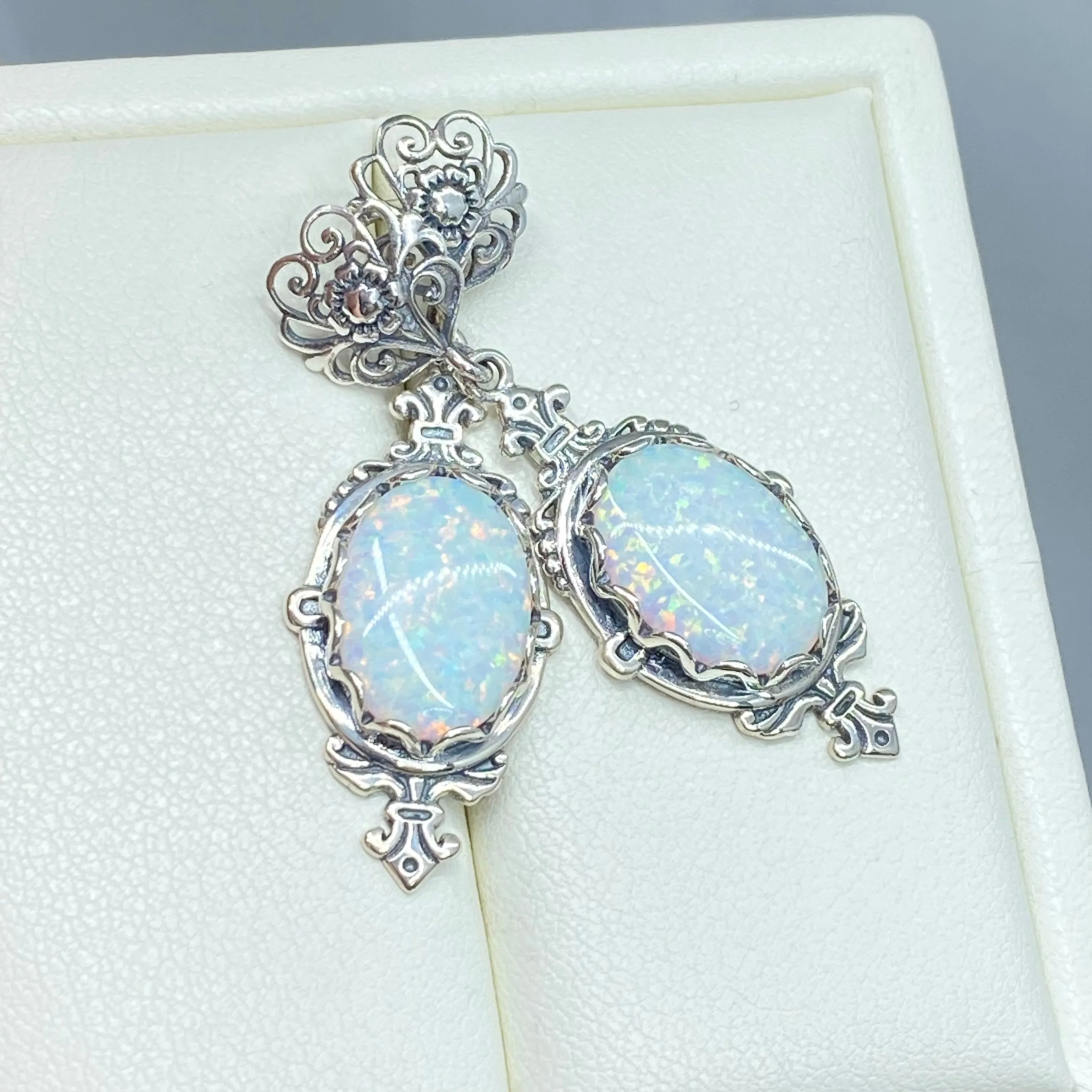 Opal Pin Jewelry Set, Stylish Victorian Sterling Silver Filigree Earrings with Optional Necklace #E18, S18