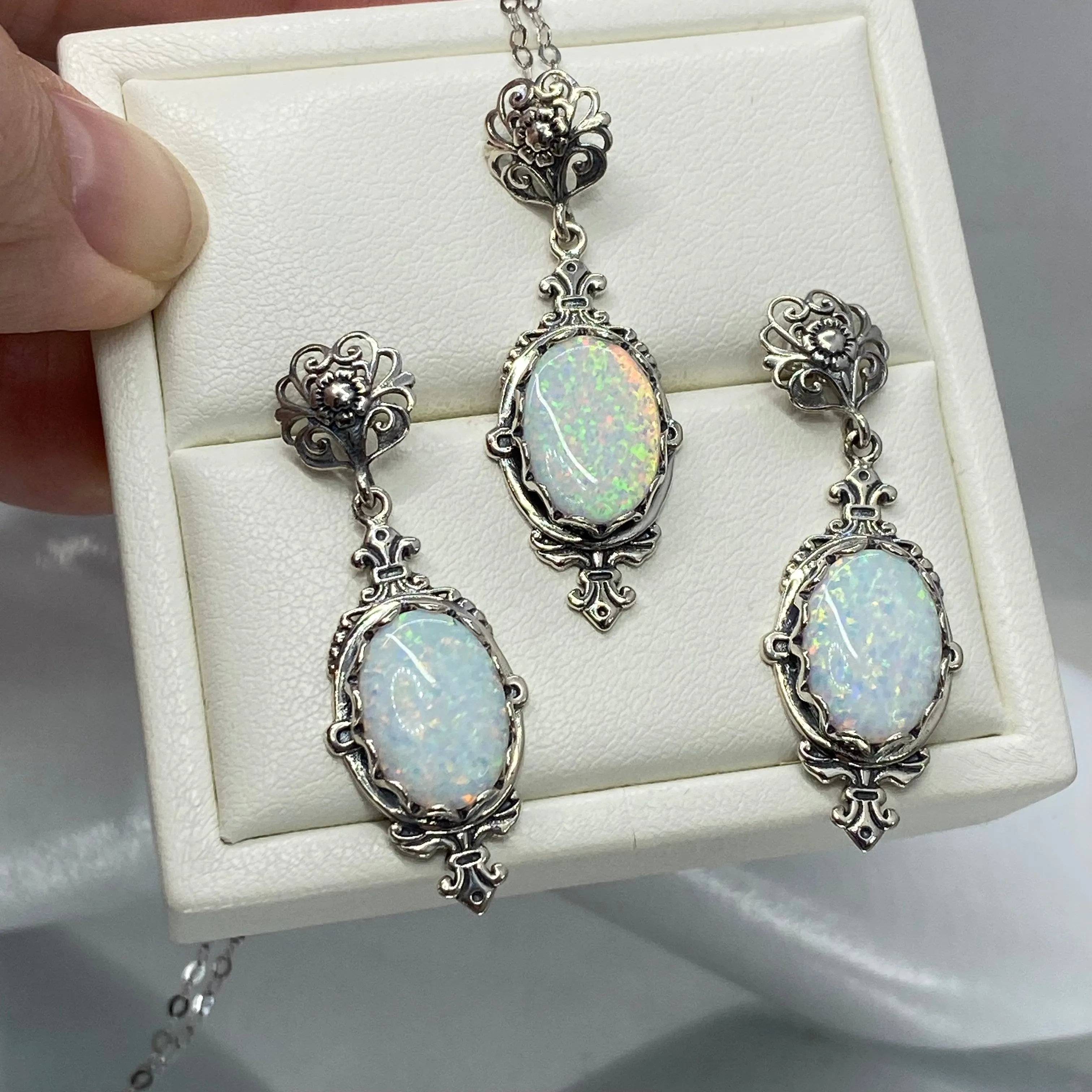 Opal Pin Jewelry Set, Stylish Victorian Sterling Silver Filigree Earrings with Optional Necklace #E18, S18