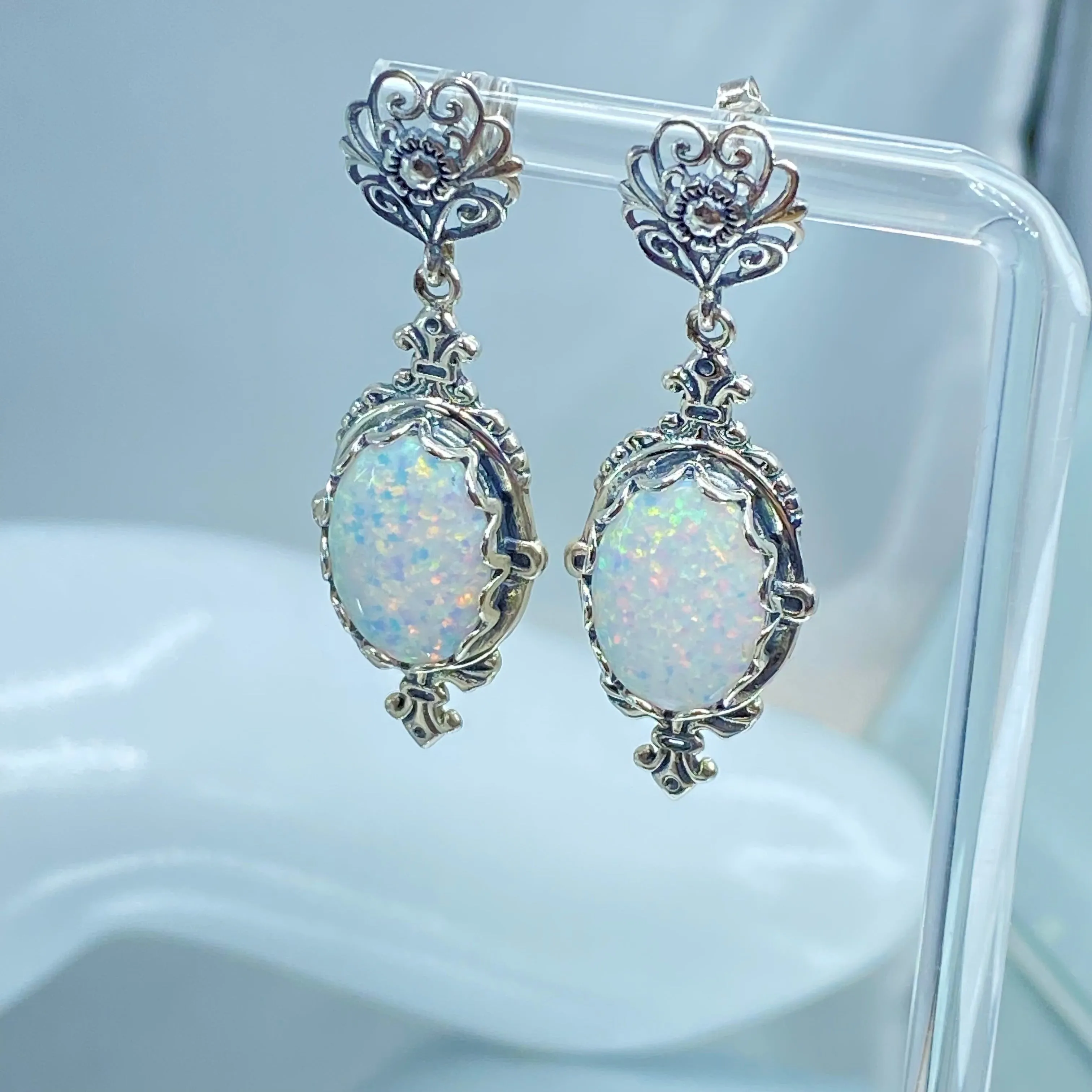 Opal Pin Jewelry Set, Stylish Victorian Sterling Silver Filigree Earrings with Optional Necklace #E18, S18