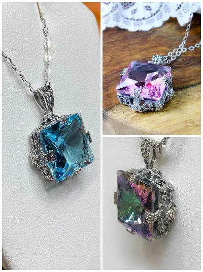 P77 Square Vic Pendant, Sterling Silver Filigree Necklace, Victorian Jewelry #P77