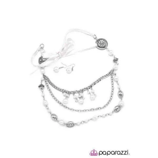 Paparazzi All The Trimmings Ivory Silver Faux Pearl Necklace & Earrings Set