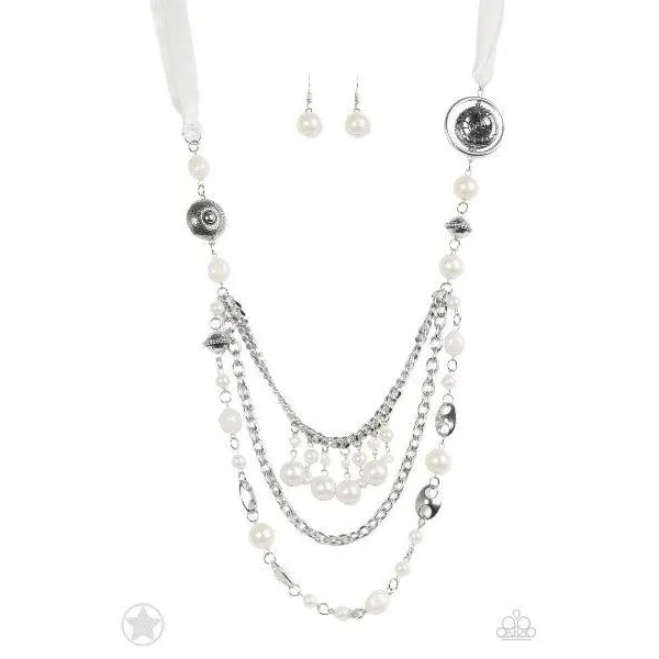 Paparazzi All The Trimmings Ivory Silver Faux Pearl Necklace & Earrings Set