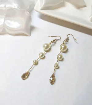 Pearl Dangle Gold Wire Earrings, Crystal White Pearl Bridal Earrings, Wedding Pearl Wire Earrings